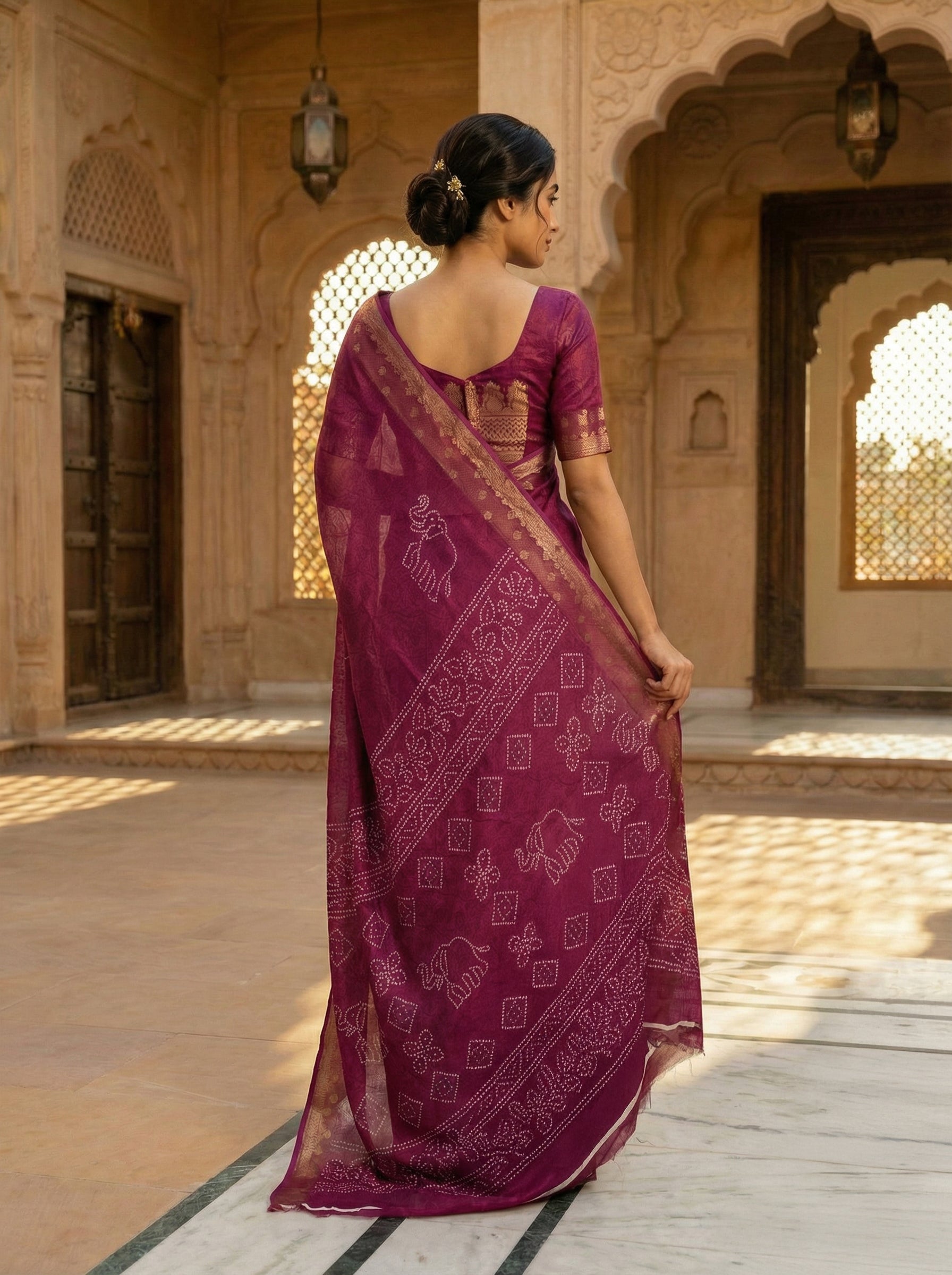 Wine Semi Silk Saree with Antique Gold Banarasi Border