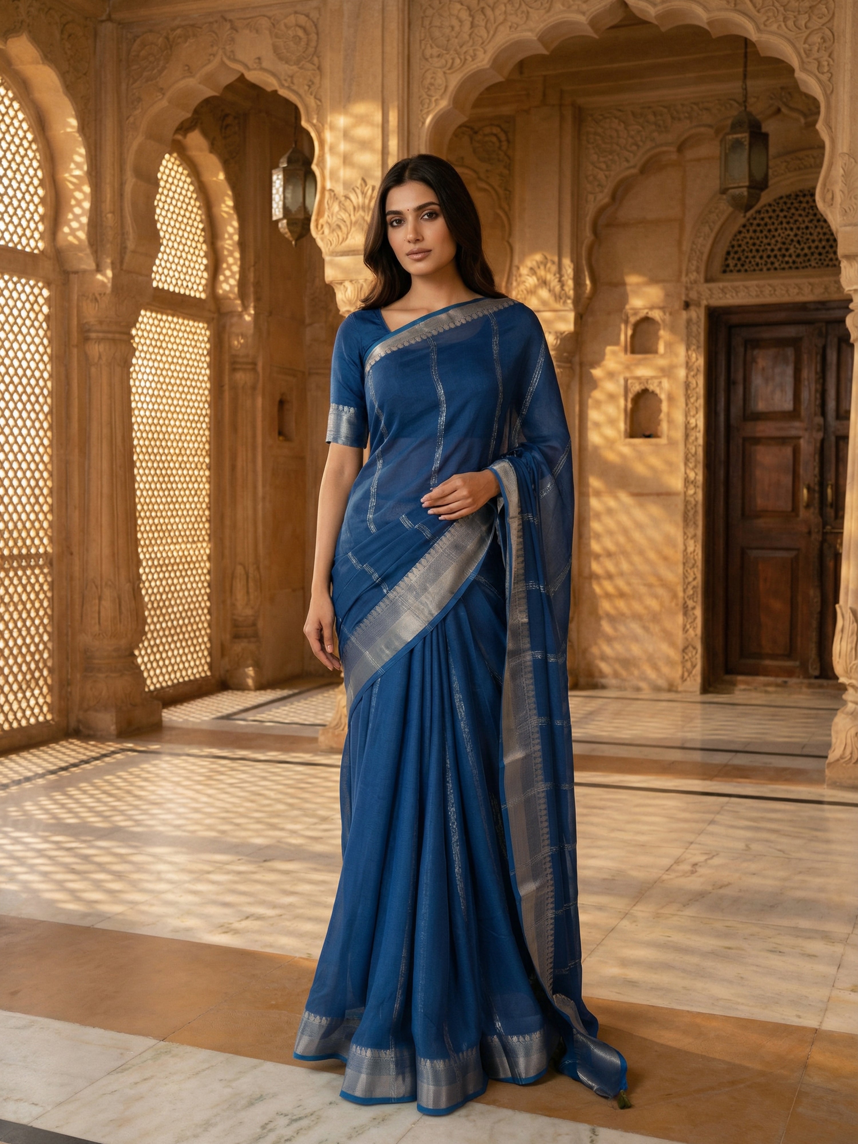 Peacock Blue Striped Georgette Saree with Self Antique Gold Border