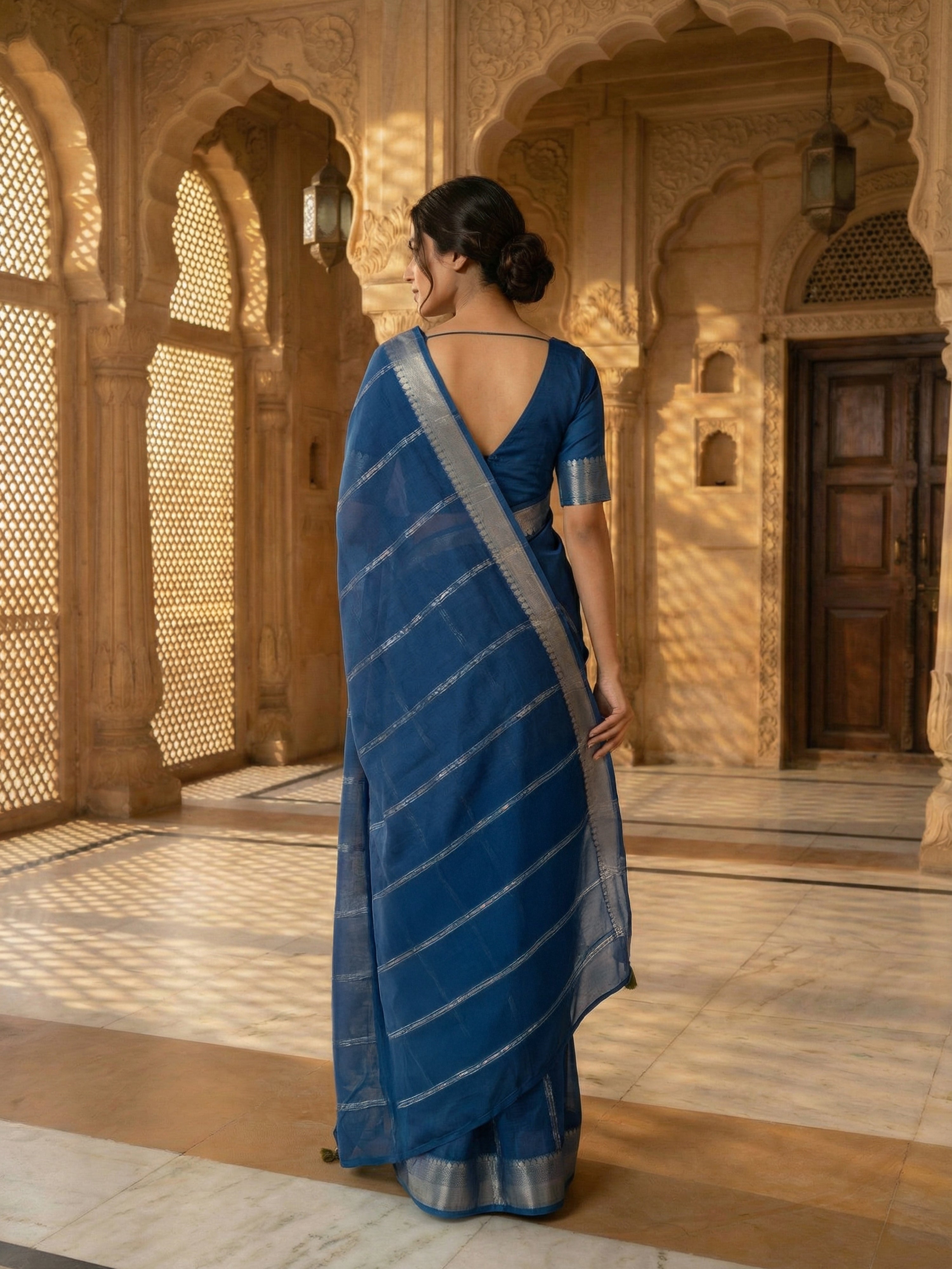 Peacock Blue Striped Georgette Saree with Self Antique Gold Border