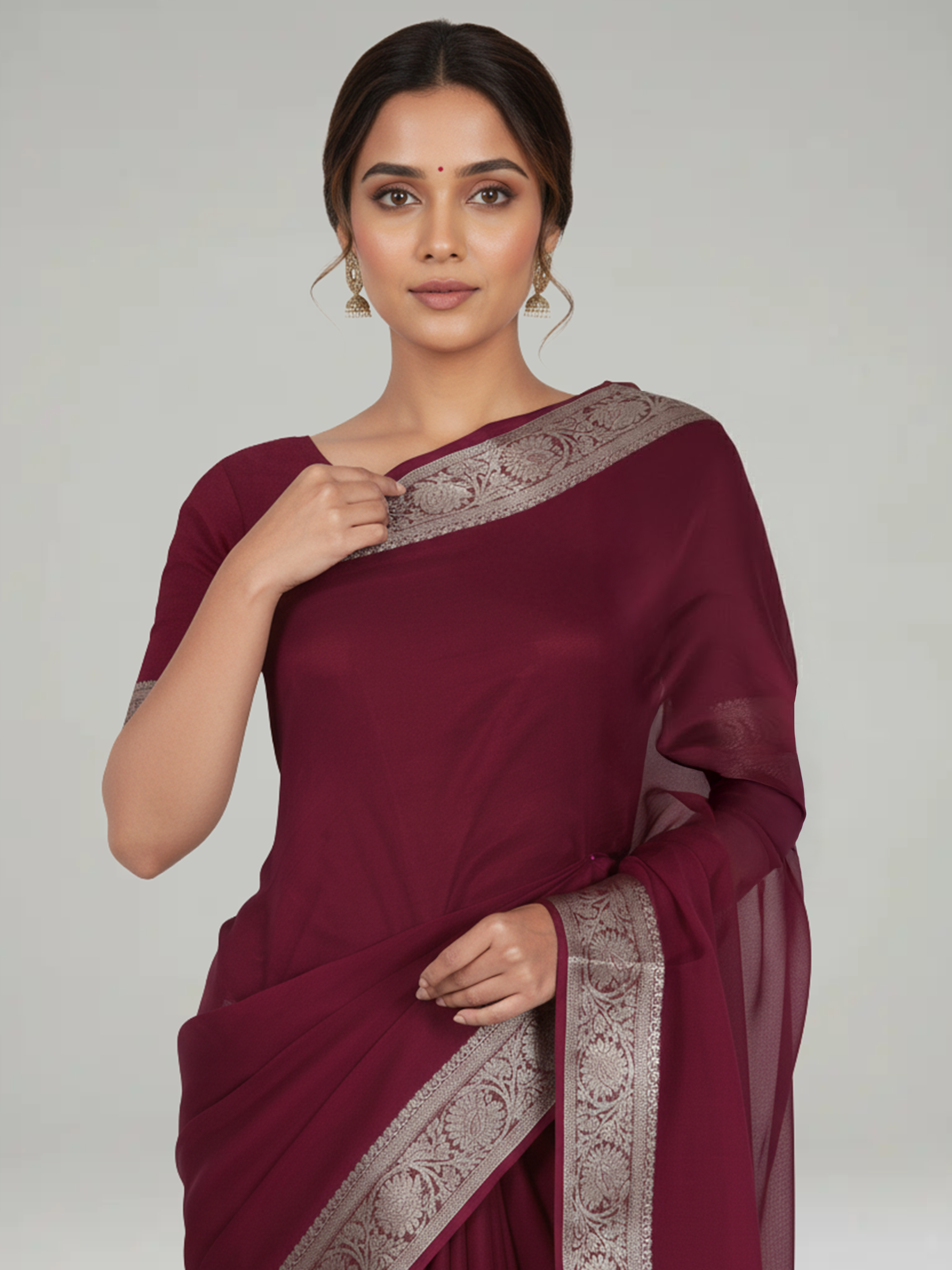 Wine Purple Plain Georgette Saree with Contrast Zari Border and Butta Blouse