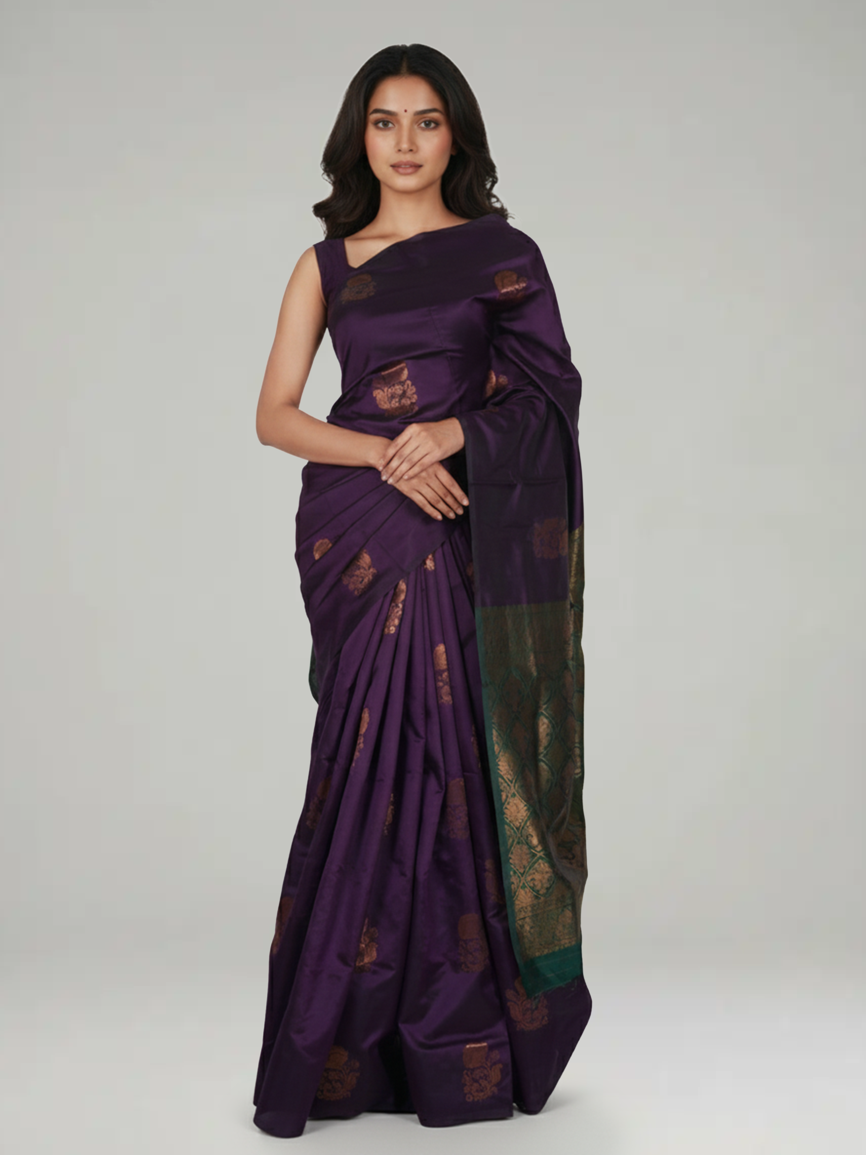 Dark Purple Semi Silk Saree With Floral Motif