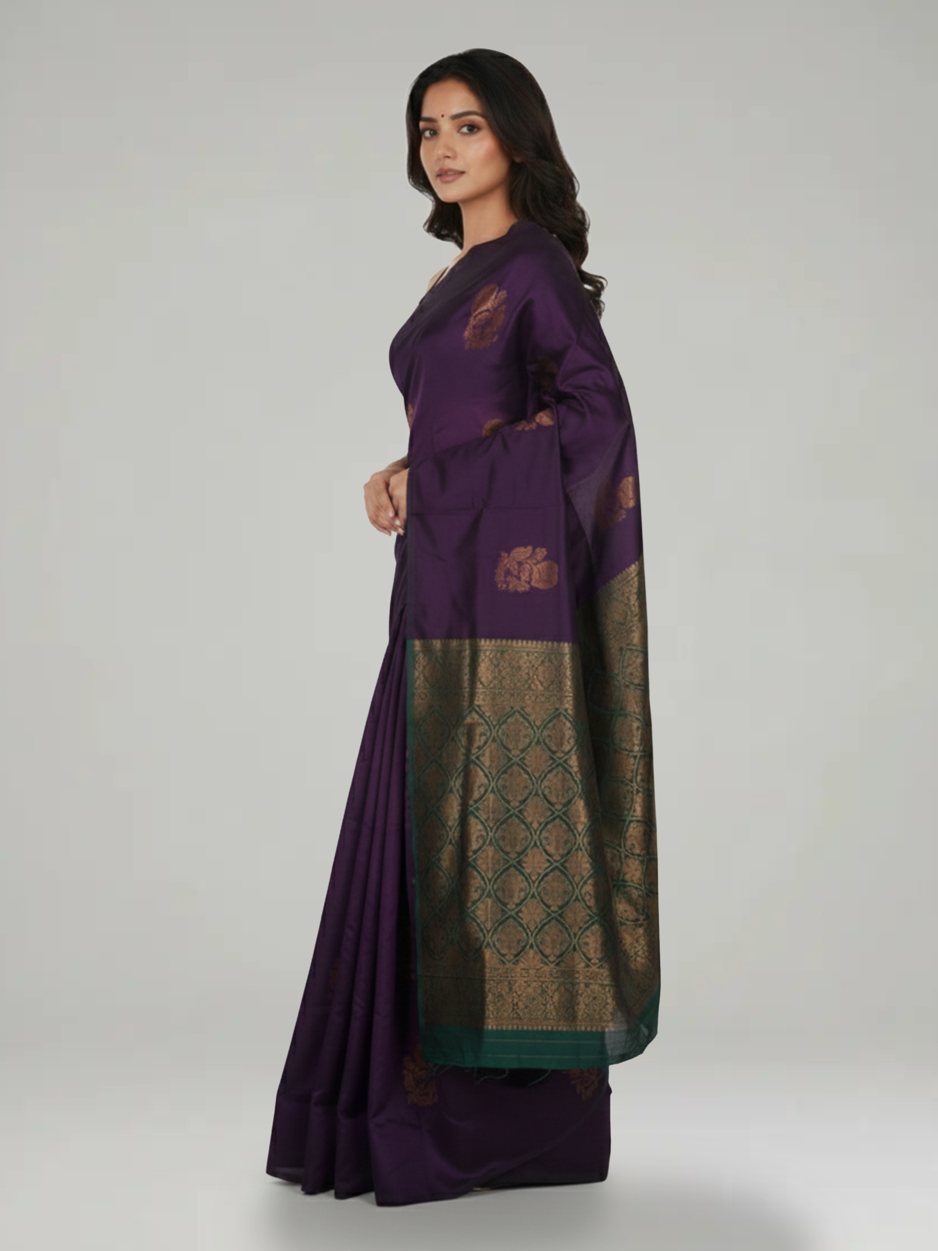 Dark Purple Semi Silk Saree With Floral Motif