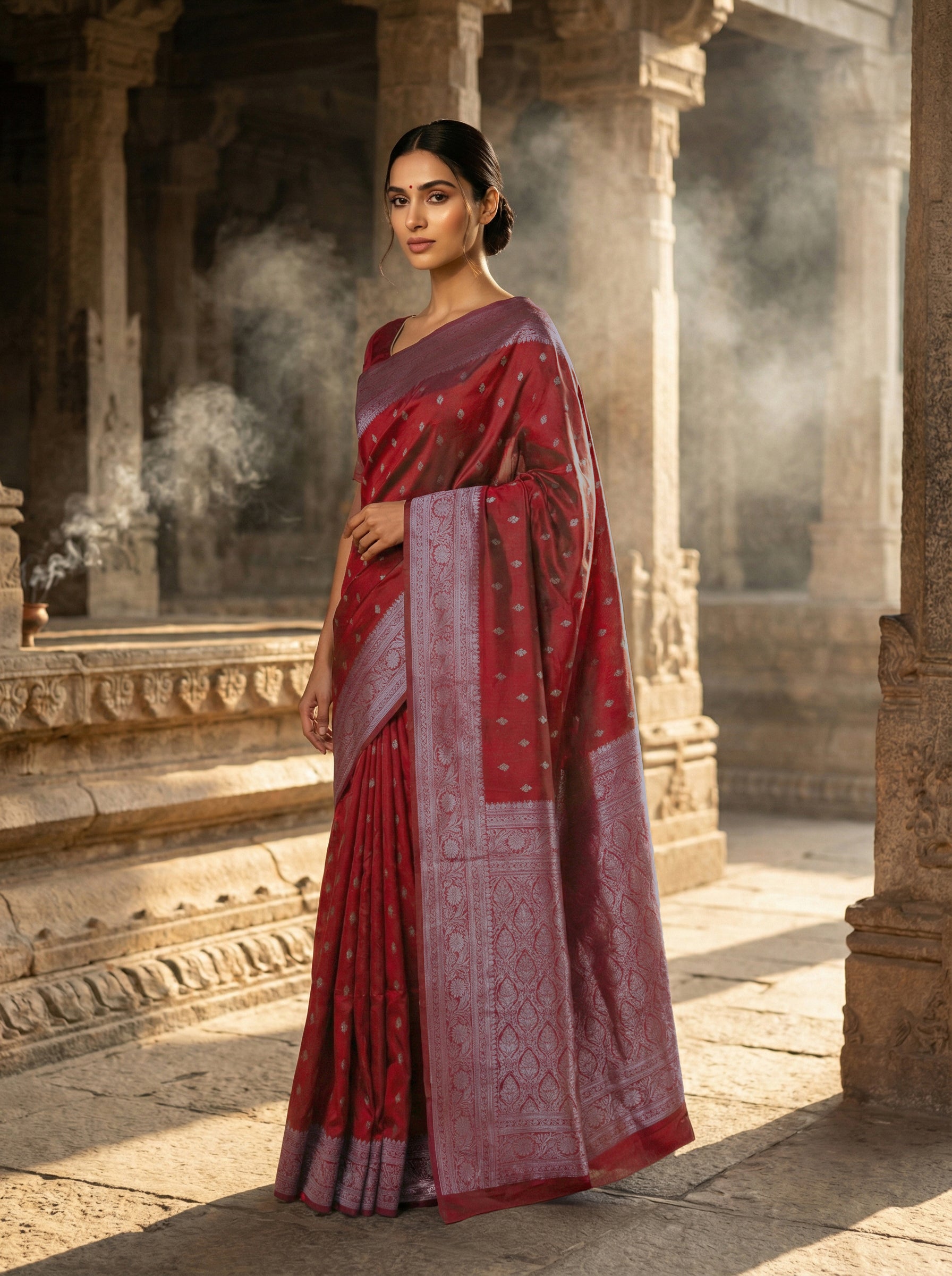 Semi Silk Saree in Maroon with Antique Silver Zari – Butta Body, Banarasi Pallu