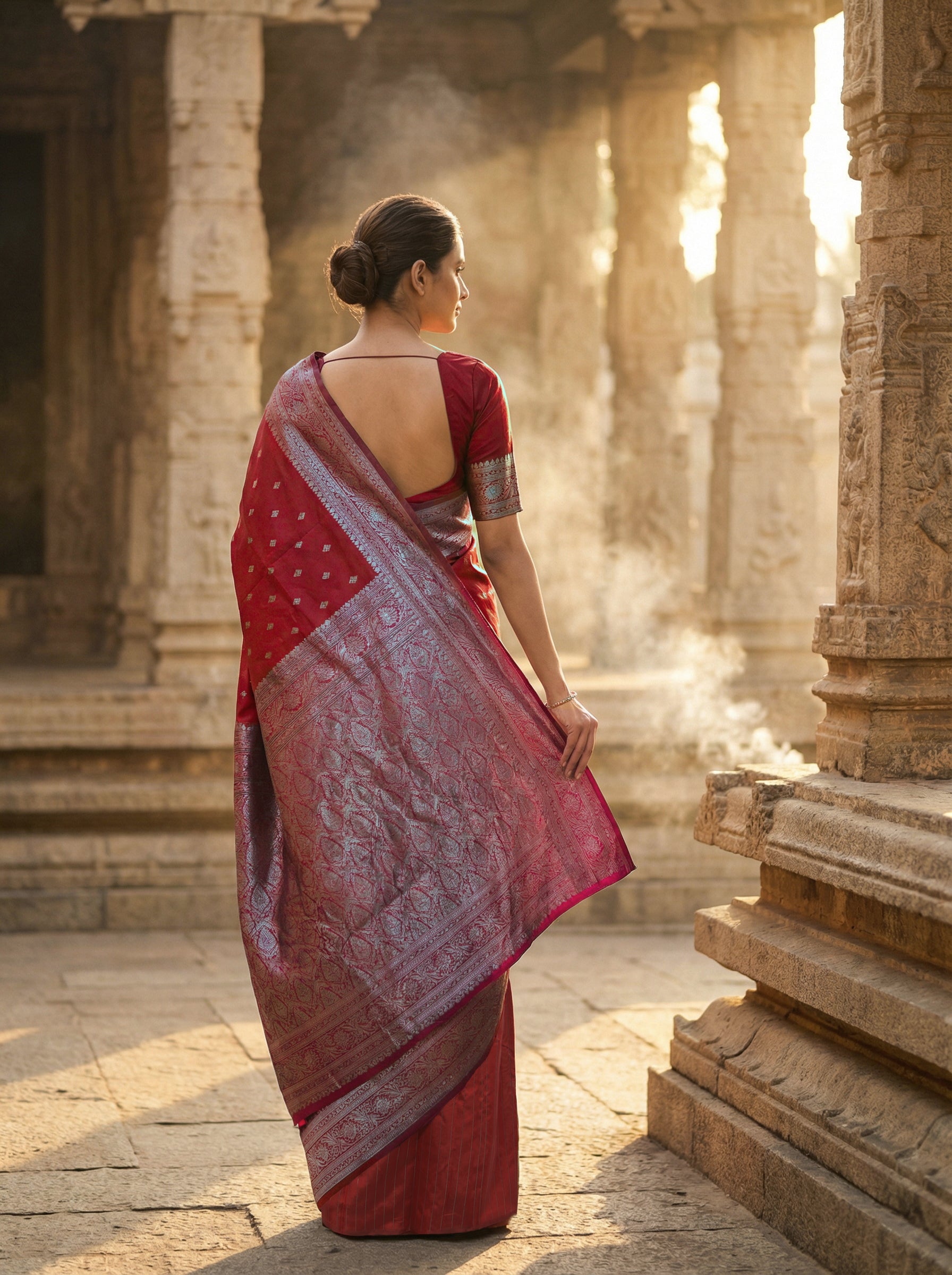 Semi Silk Saree in Maroon with Antique Silver Zari – Butta Body, Banarasi Pallu