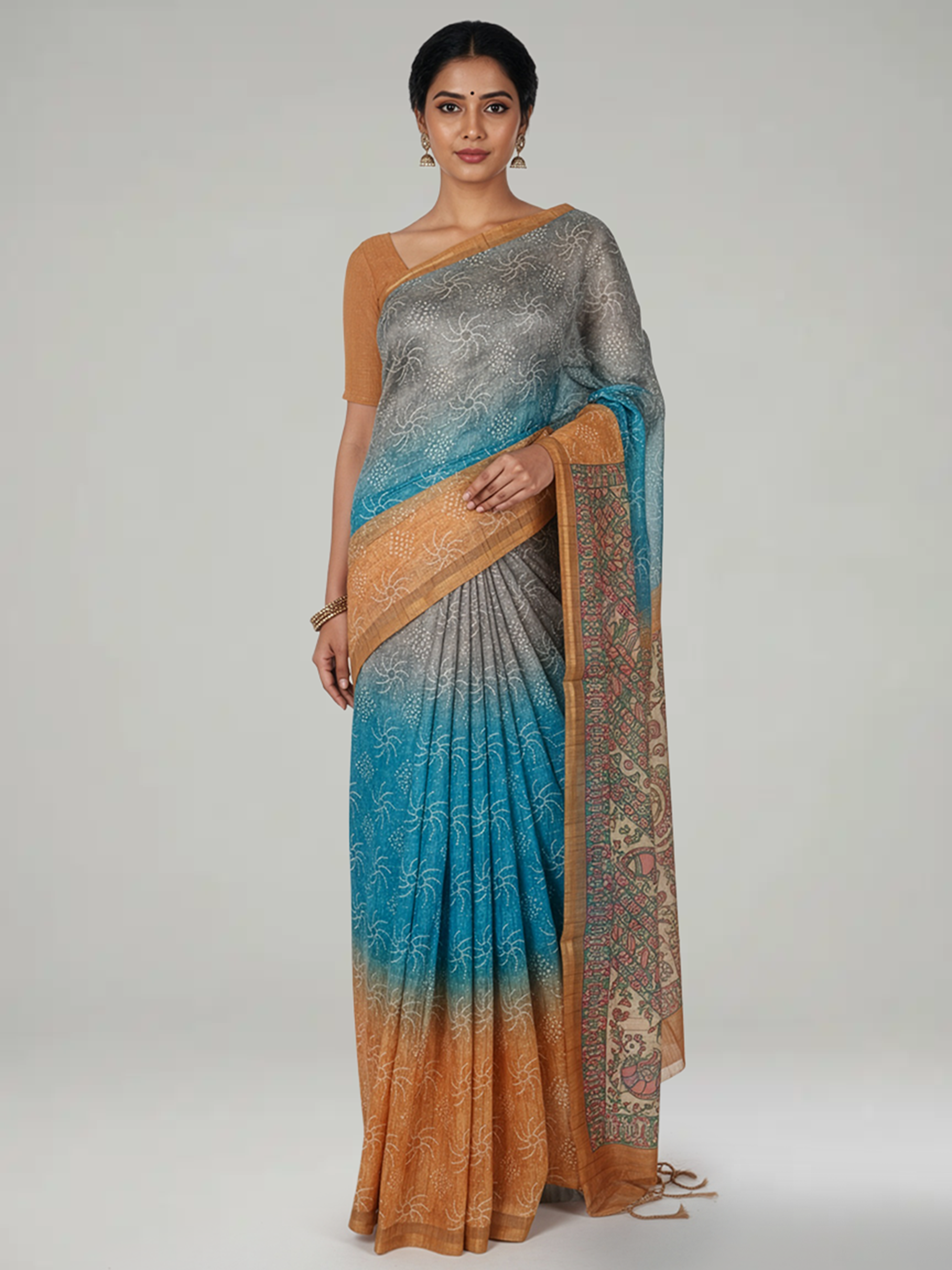 Multi Shade Jute Silk Saree With Pinal Checks With Bandhani Print