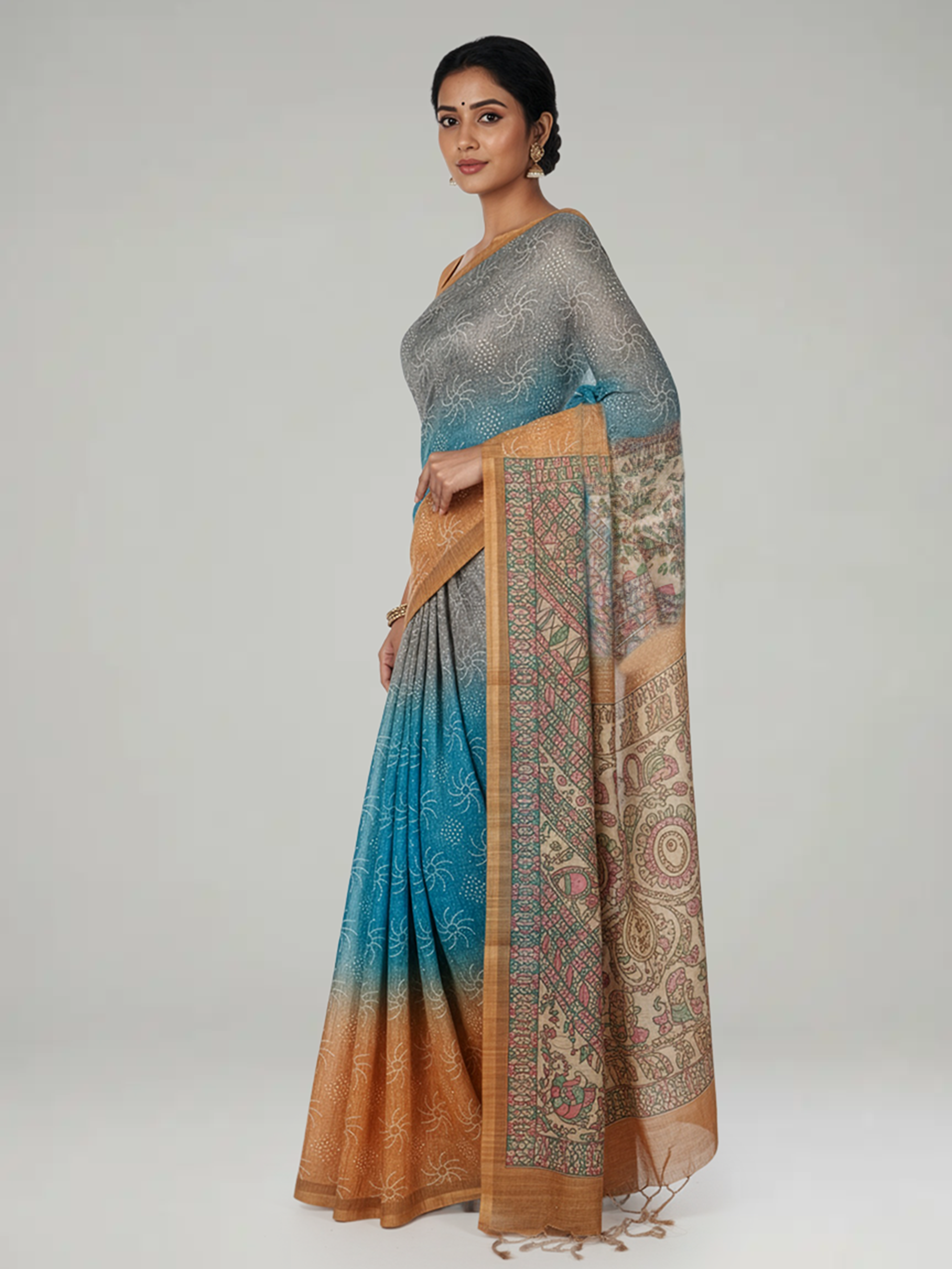Multi Shade Jute Silk Saree With Pinal Checks With Bandhani Print