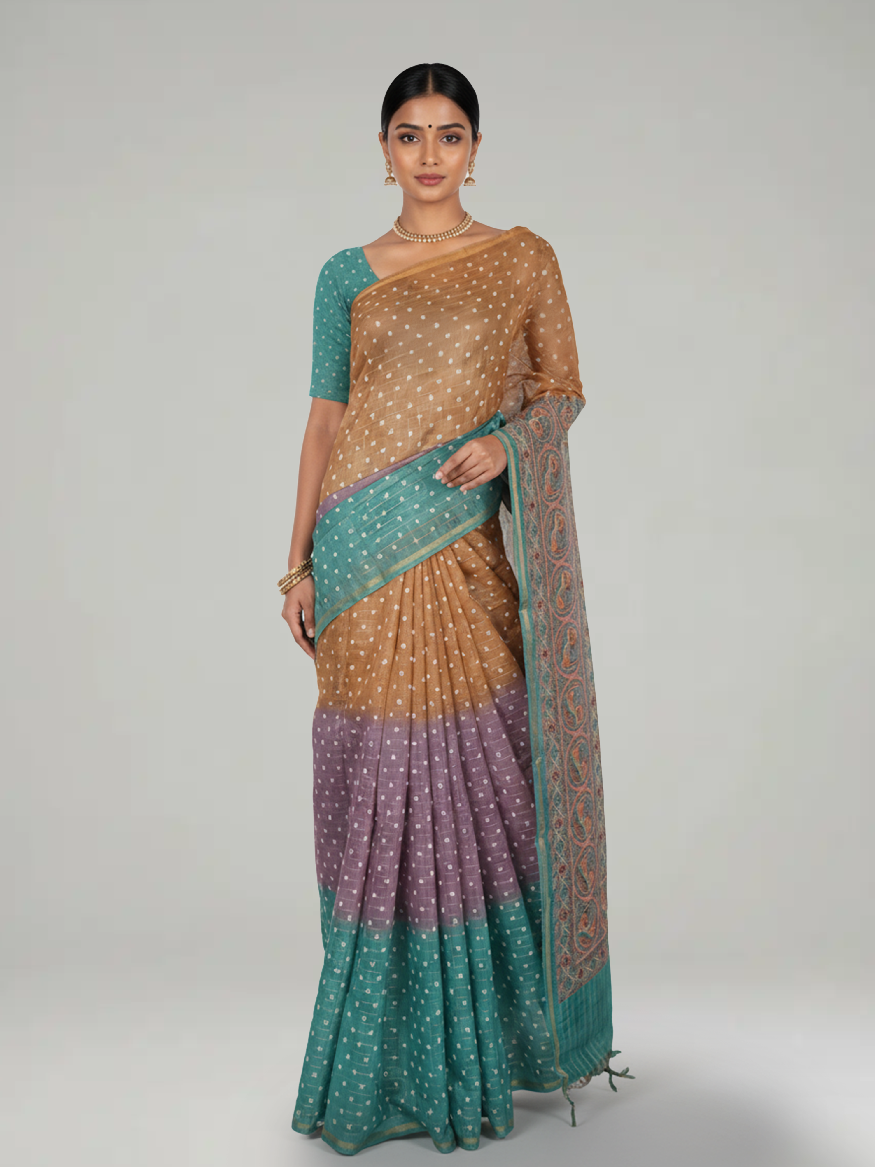 Multi Shade Semi Silk Saree With Pinal Checks And Bandhani Print
