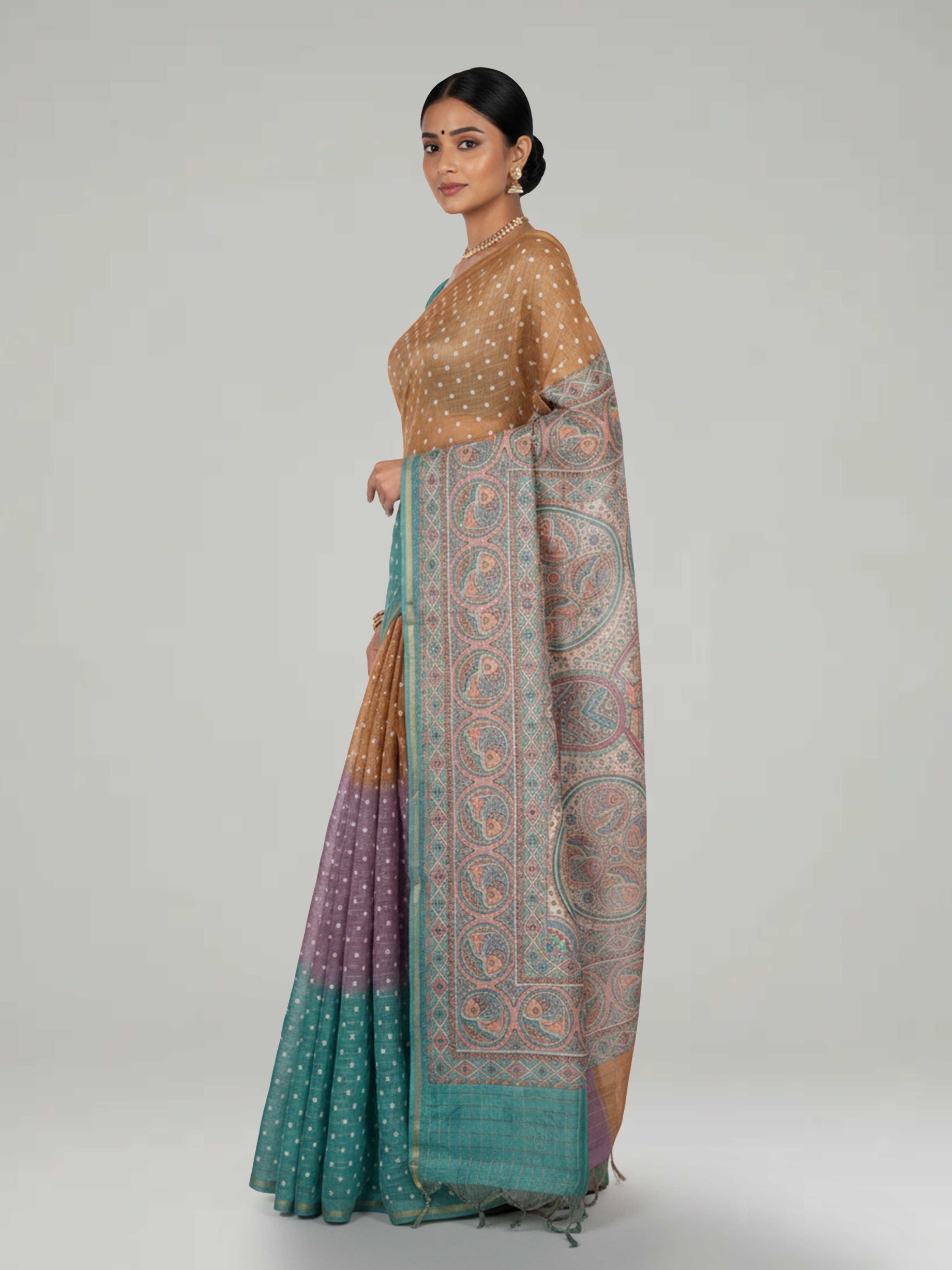 Multi Shade Semi Silk Saree With Pinal Checks And Bandhani Print