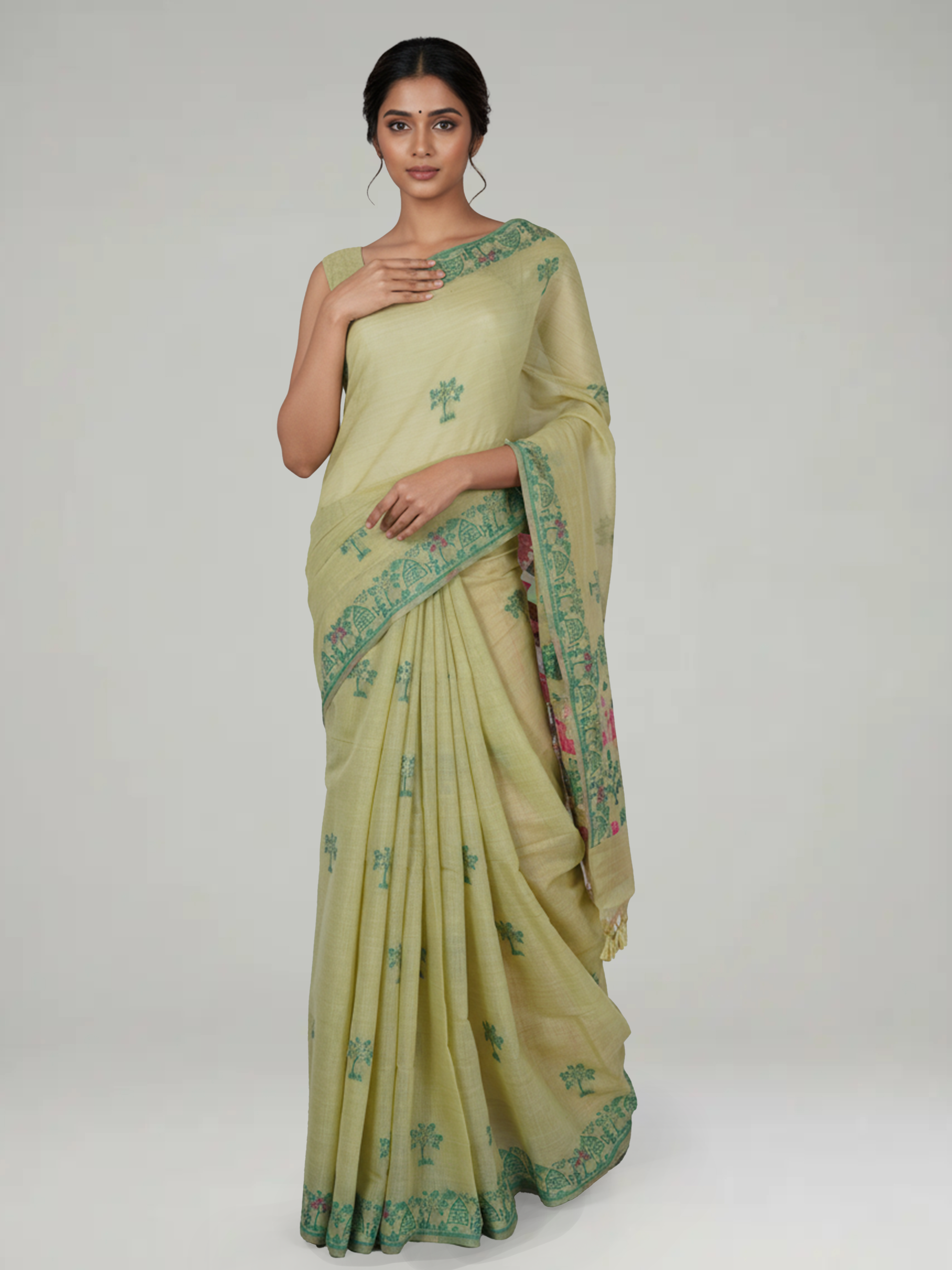 Pista Green Semi Chanderi Saree With Spreaded Tree Buttas