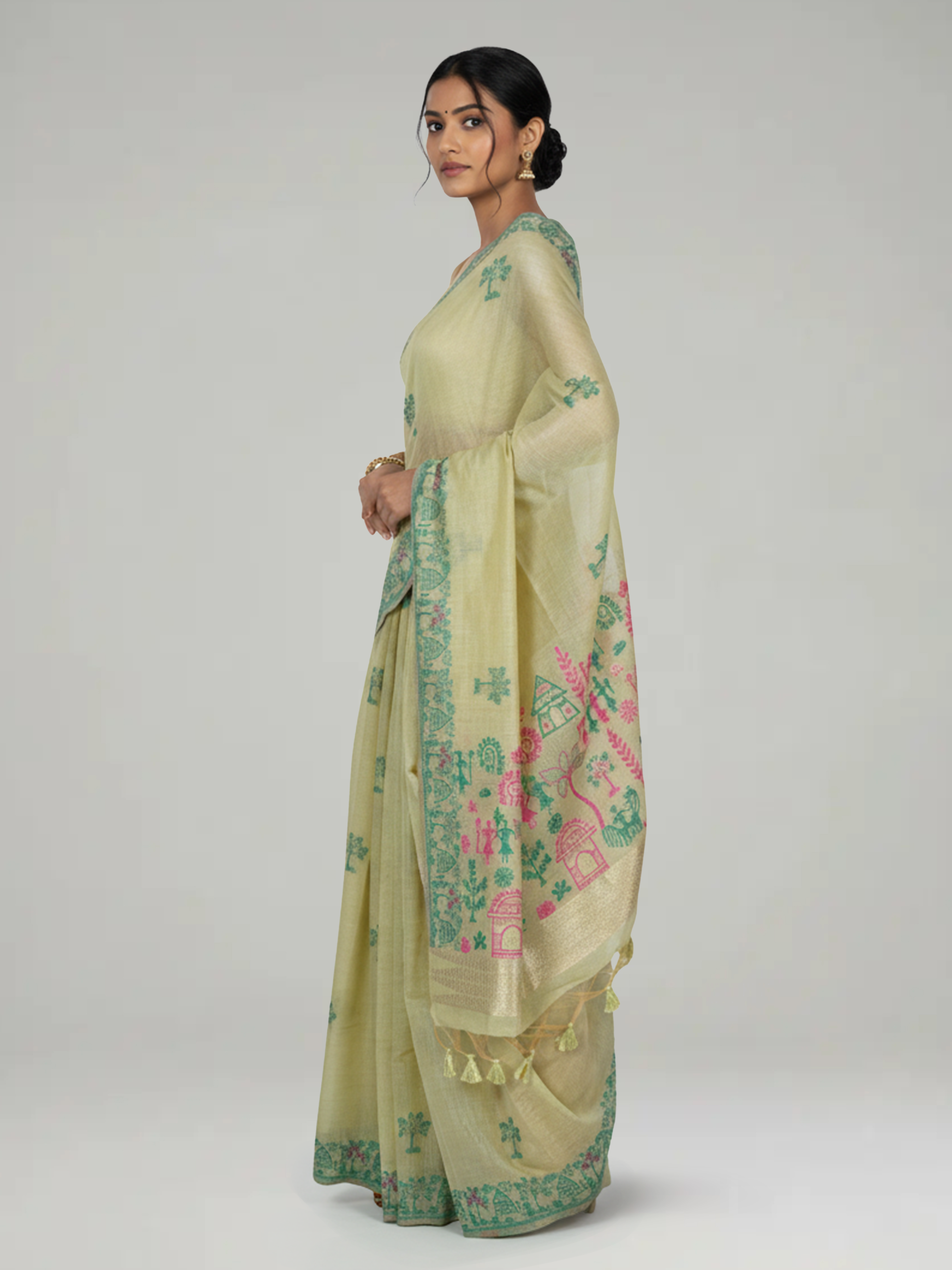 Pista Green Semi Chanderi Saree With Spreaded Tree Buttas