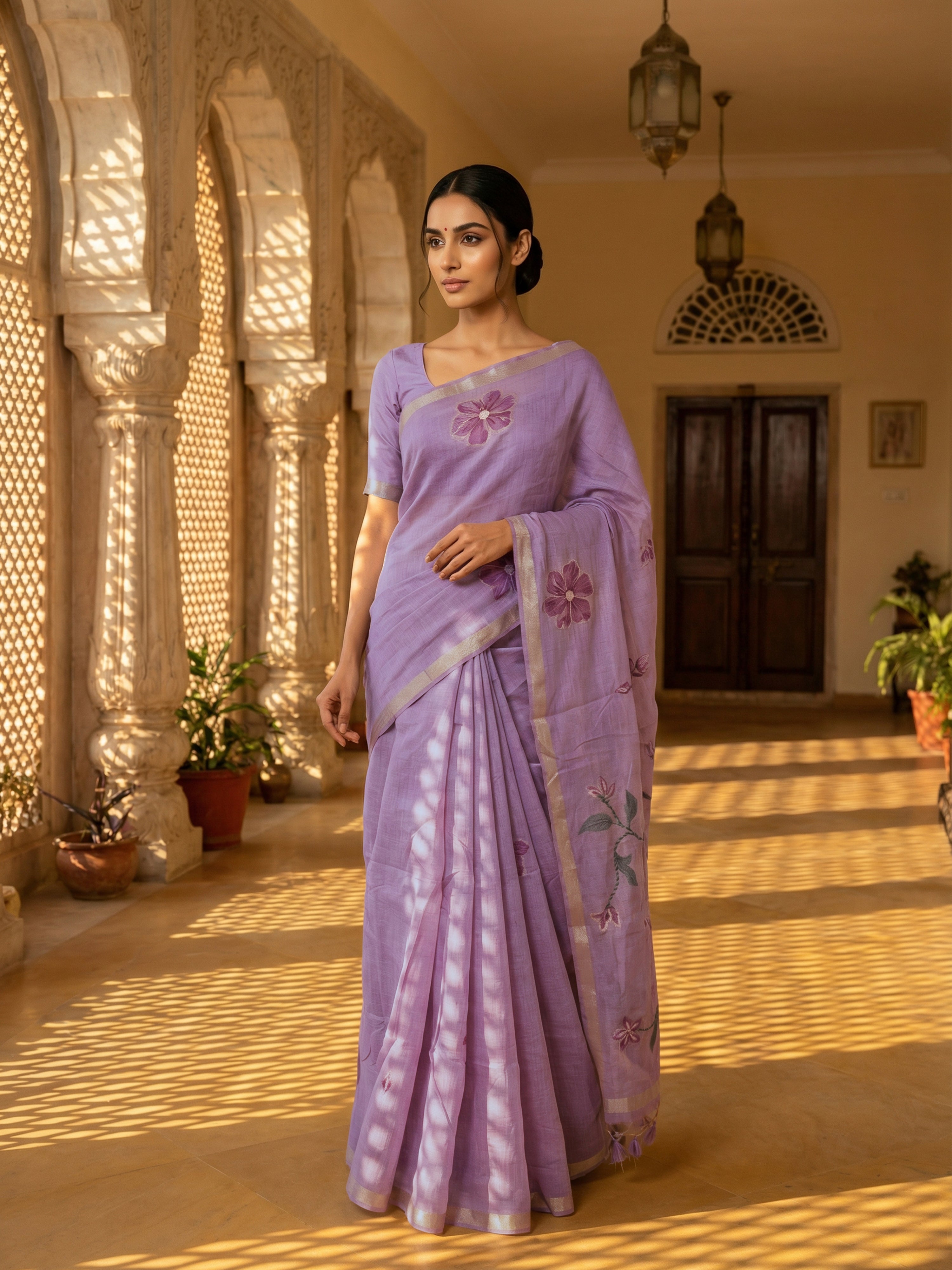 Chanderi Saree in Lavender with Floral Pallu & Thin Golden Border