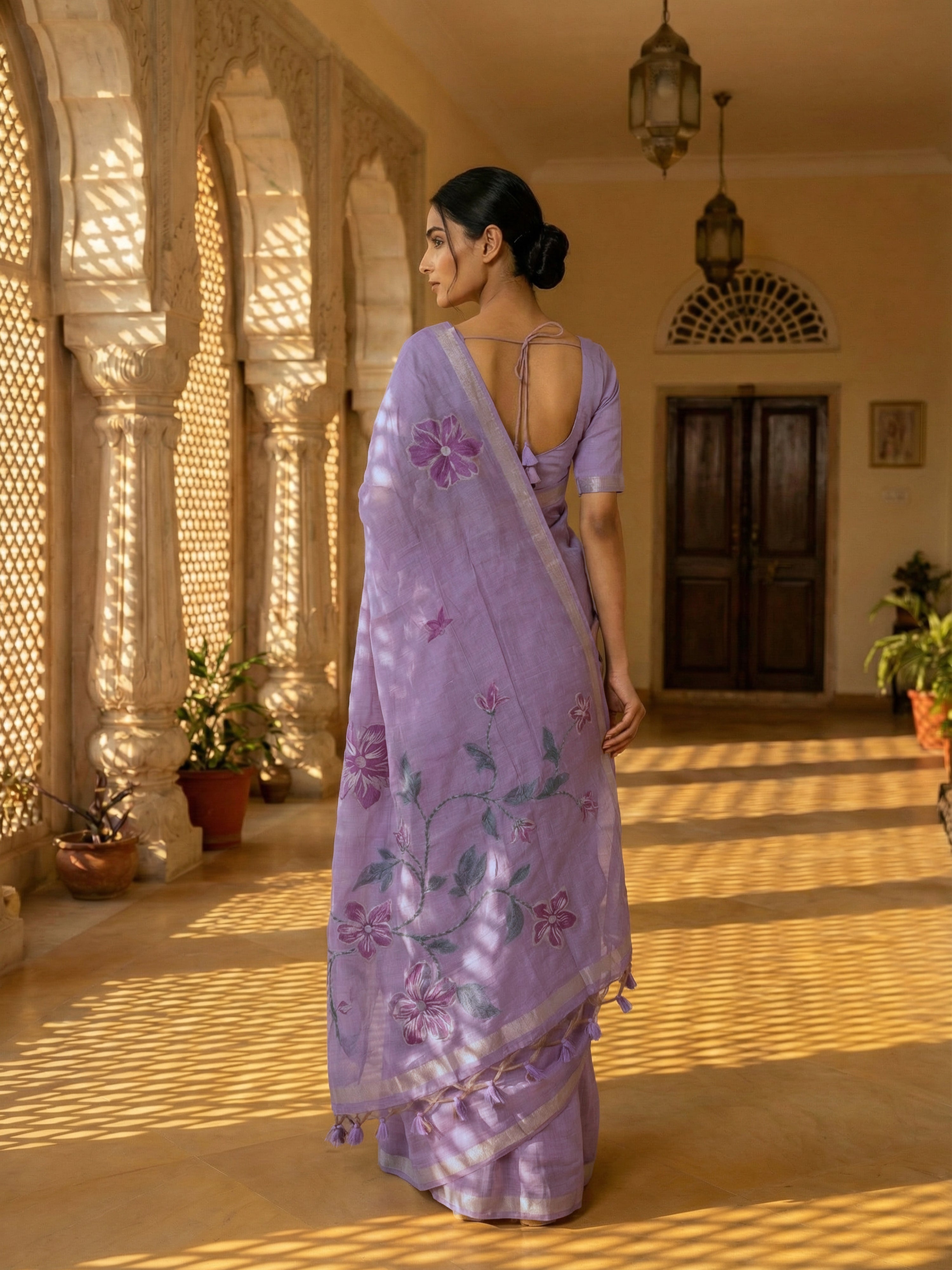 Chanderi Saree in Lavender with Floral Pallu & Thin Golden Border
