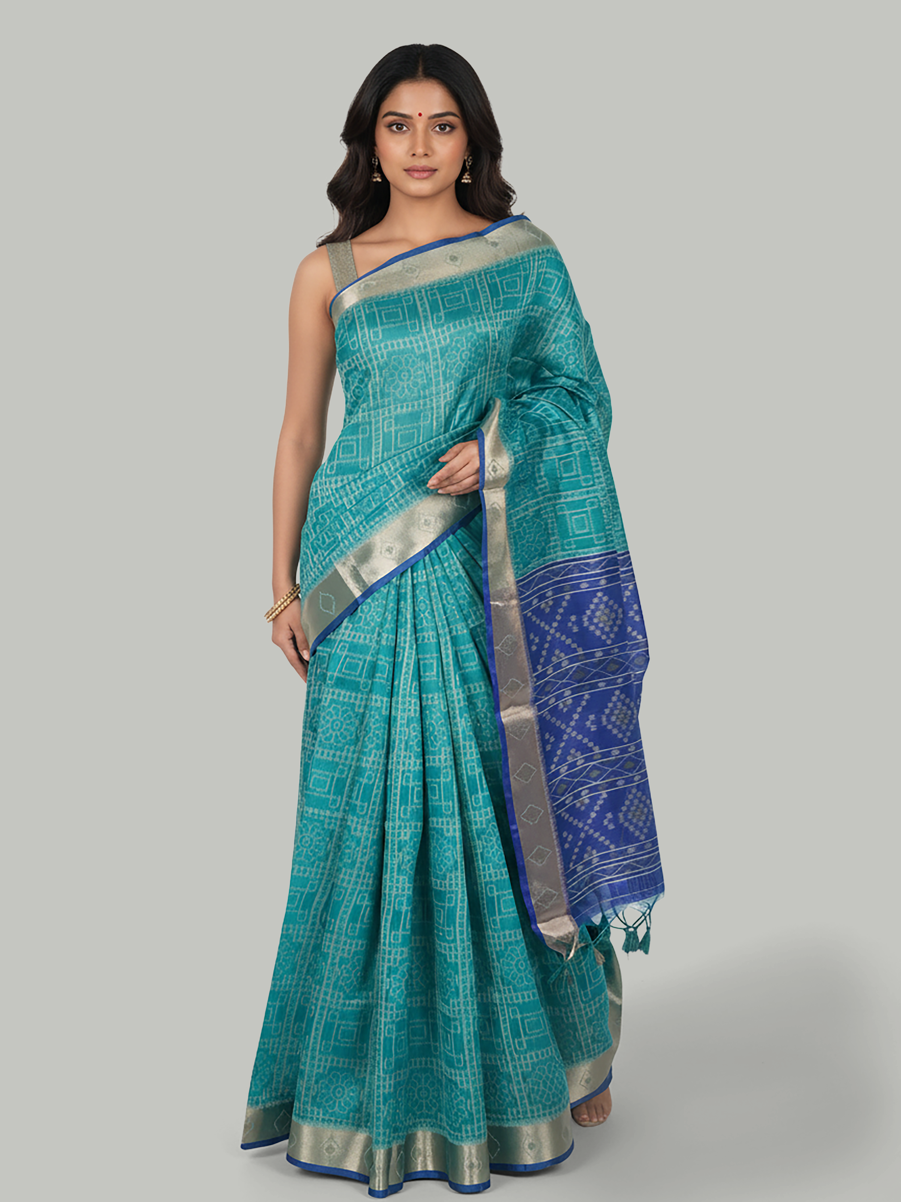 Teal Blue Semi Jute Silk Saree With Printed Design