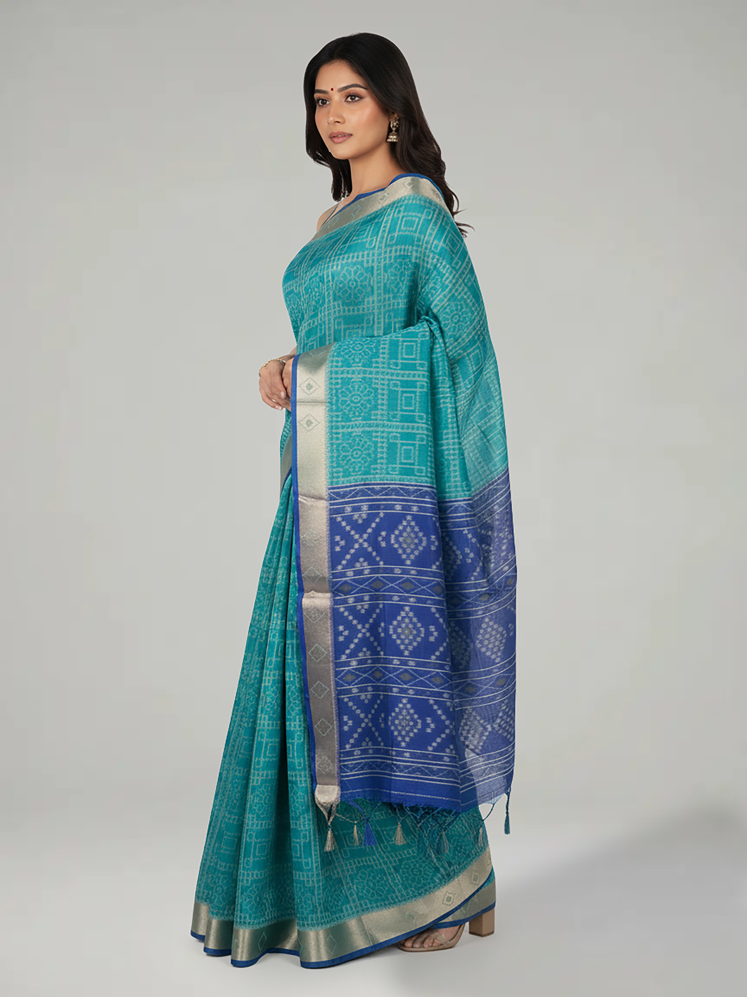 Teal Blue Semi Jute Silk Saree With Printed Design