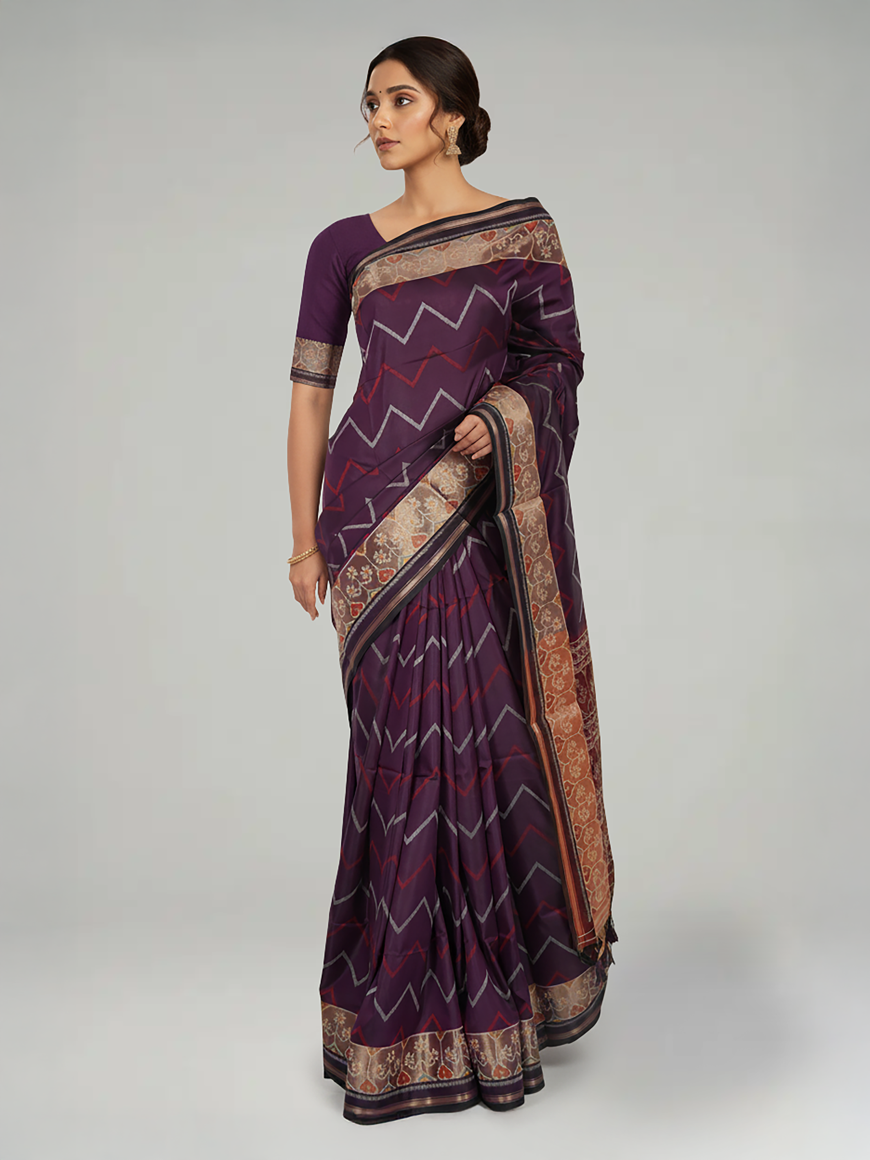 Purple Semi Jute Silk Saree With Zig Zag pattern