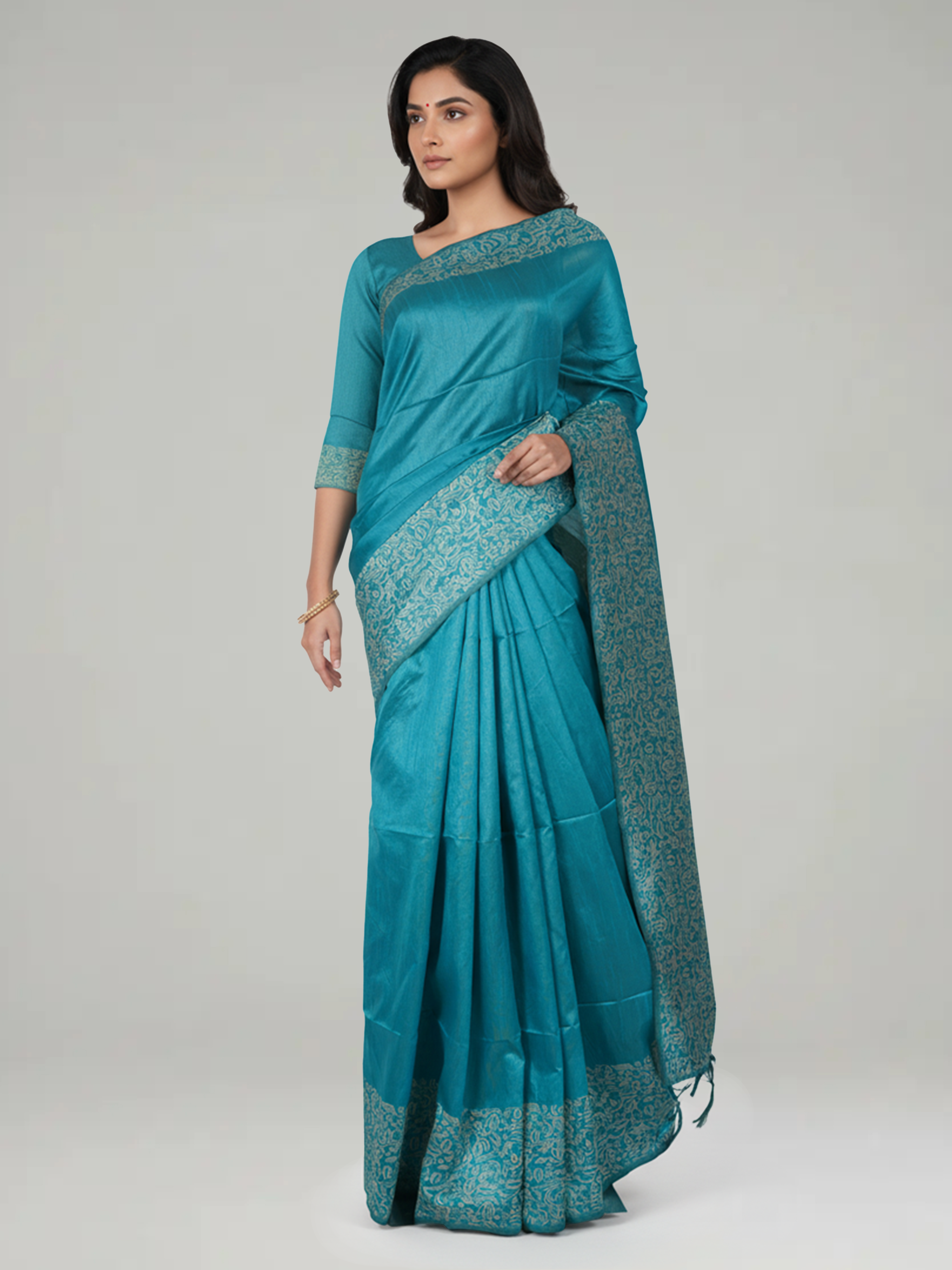 Peacock Blue Plain Ikkat Semi Silk Saree