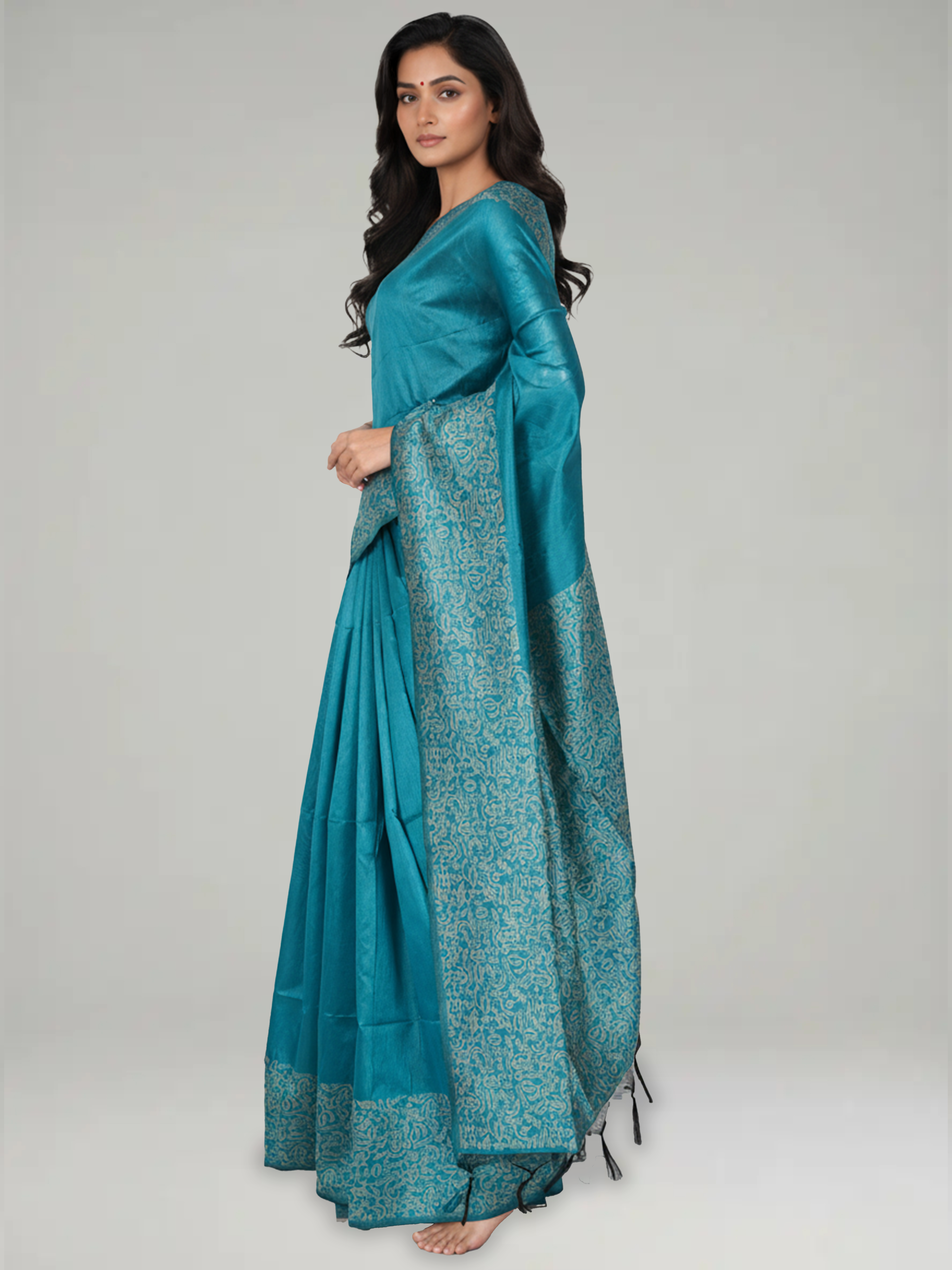 Peacock Blue Plain Ikkat Semi Silk Saree