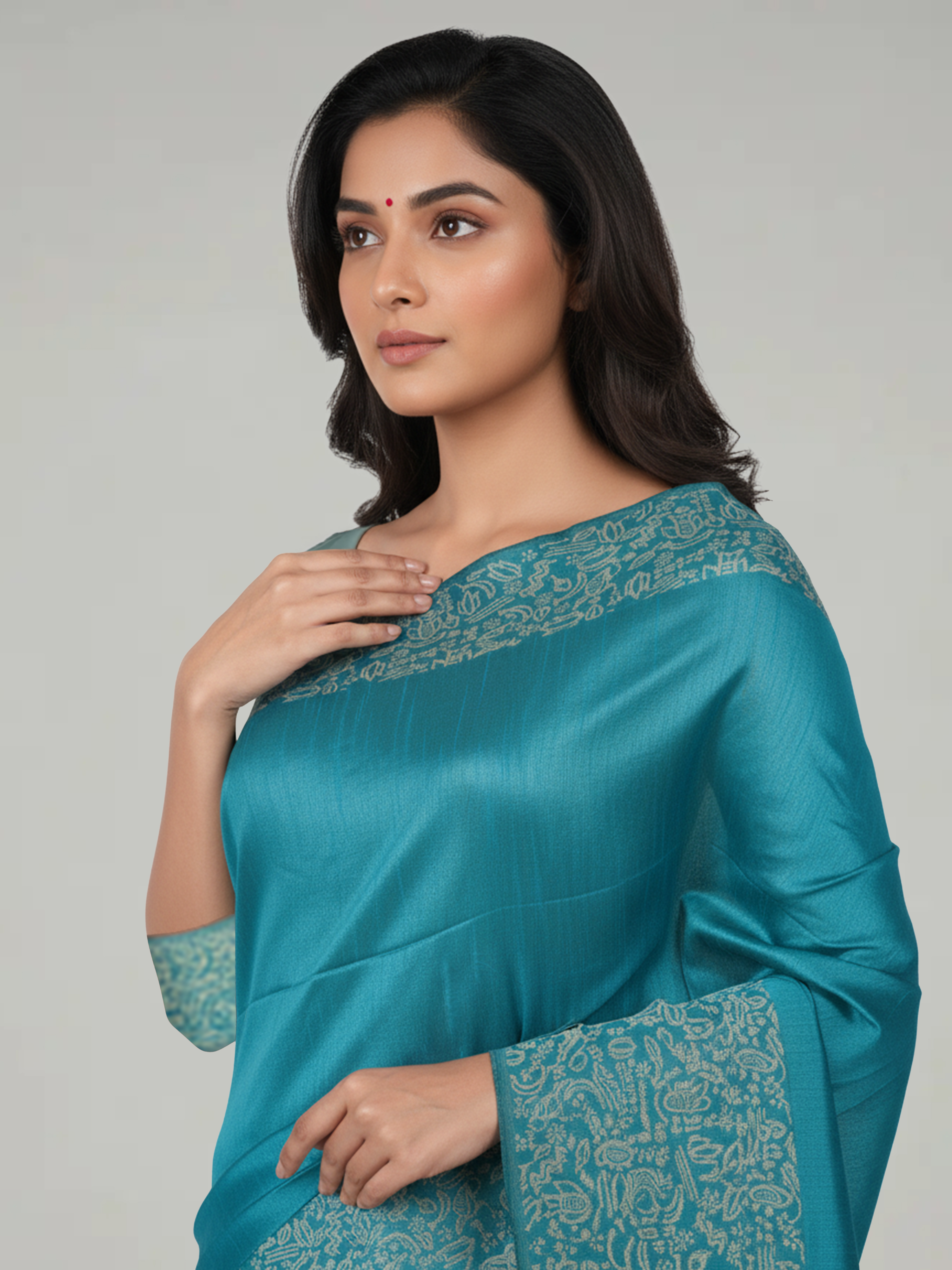 Teal Blue Semi Silk Saree with All-Over Printed Pallu and Tassels