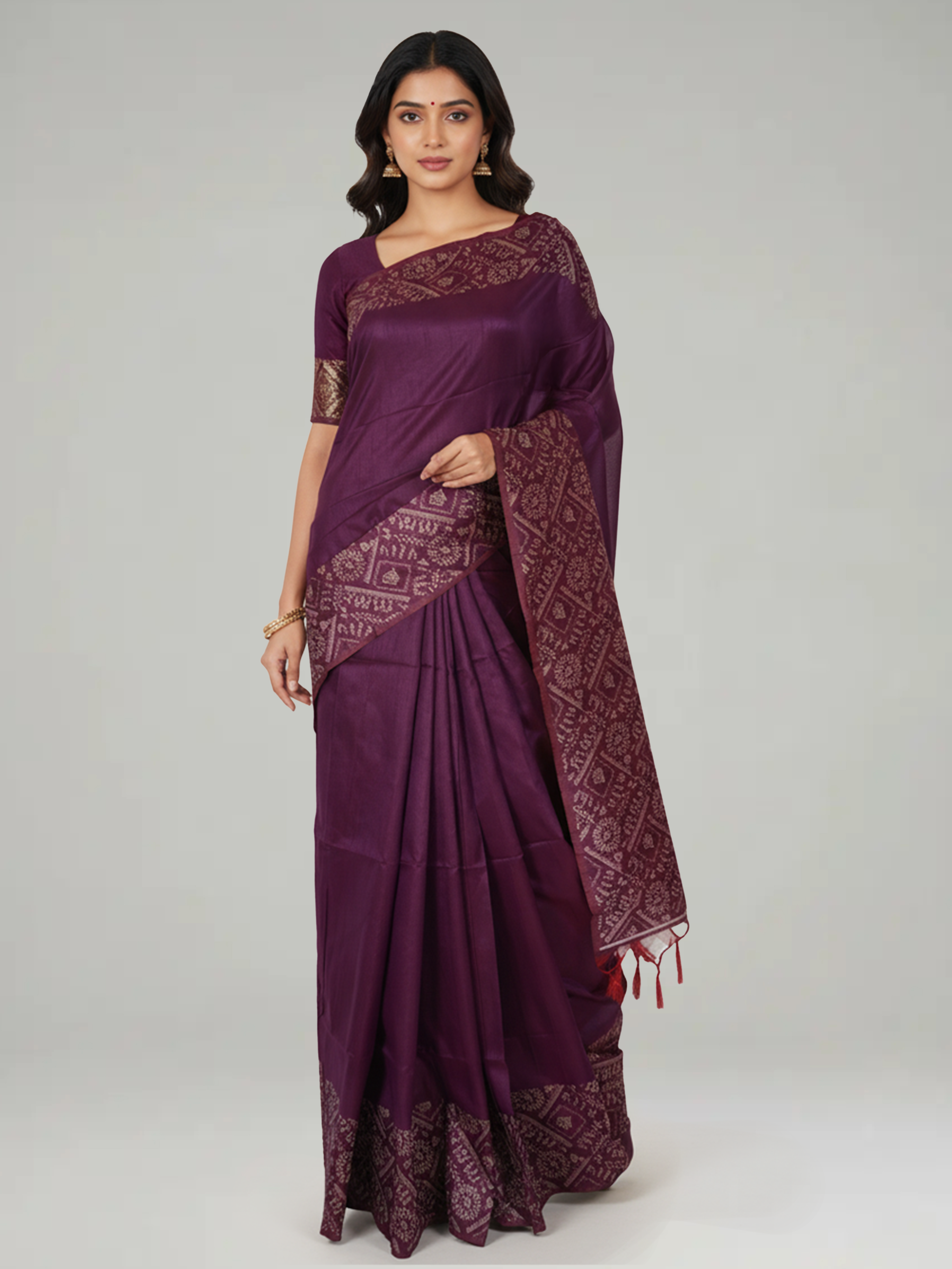 Wine Plain Semi Jute Silk Saree with Warli Designed pallu