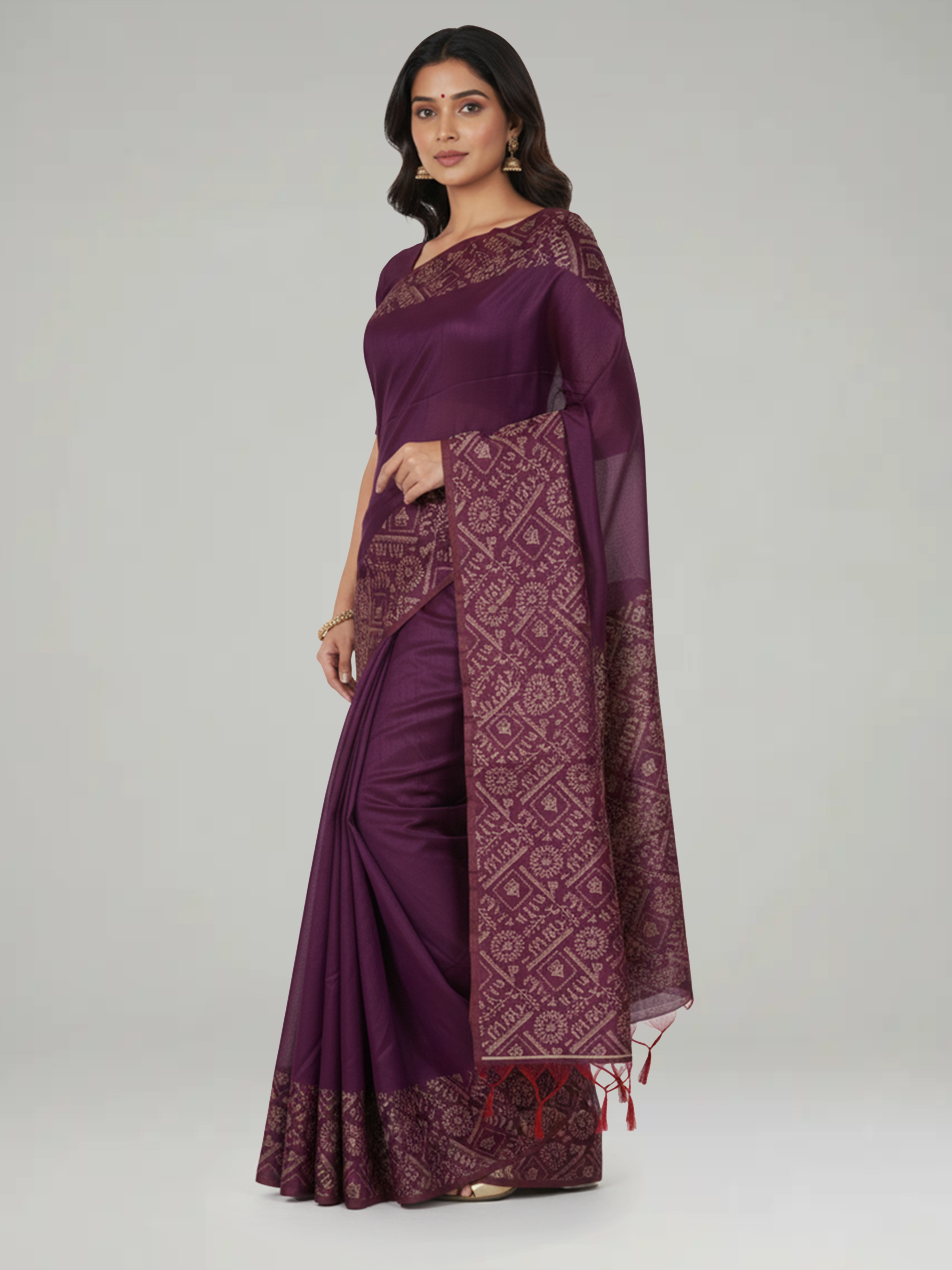 Wine Plain Semi Jute Silk Saree with Warli Designed pallu