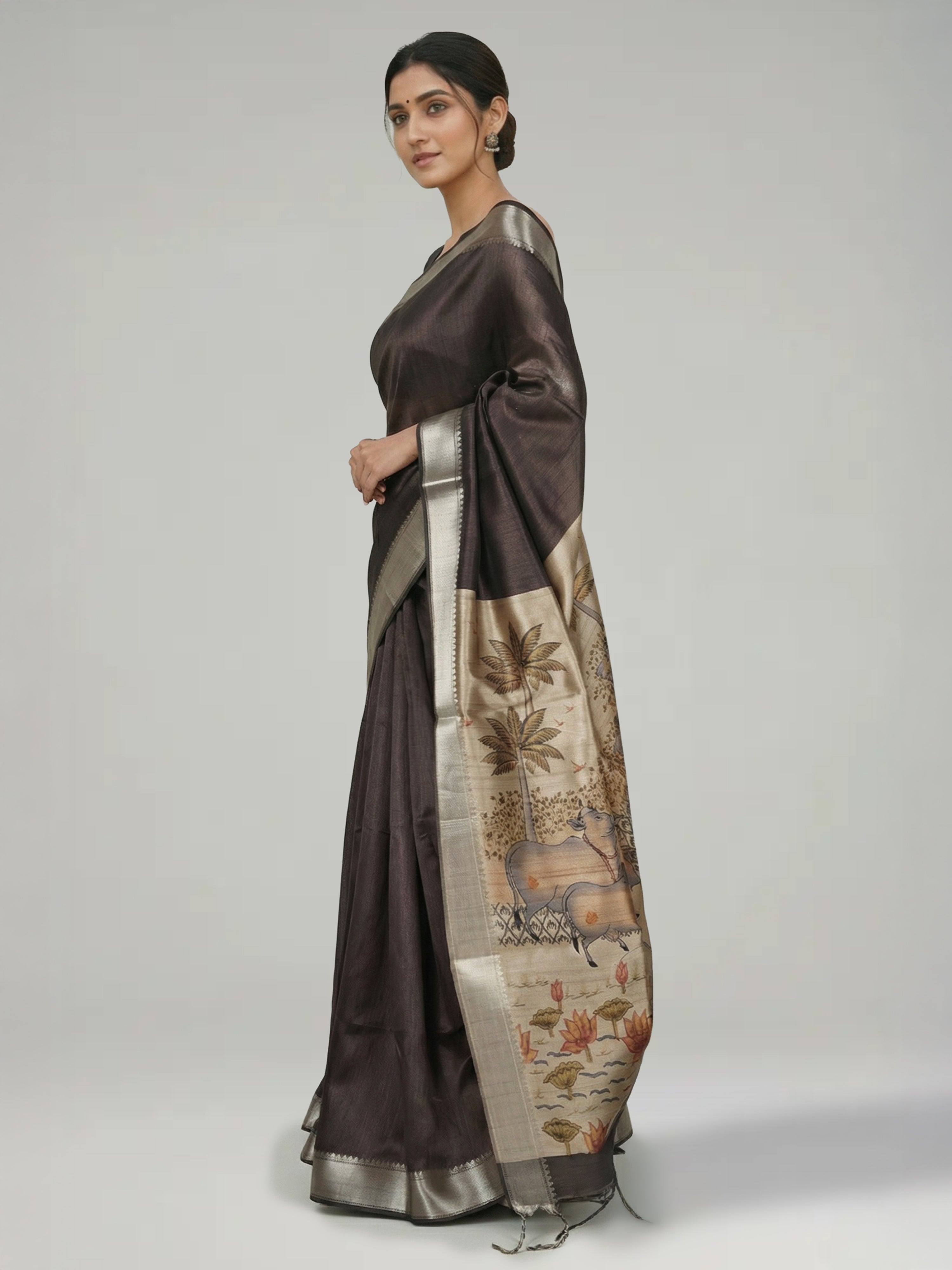 Coffee Brown Plain Semi Jute Silk Saree With Border