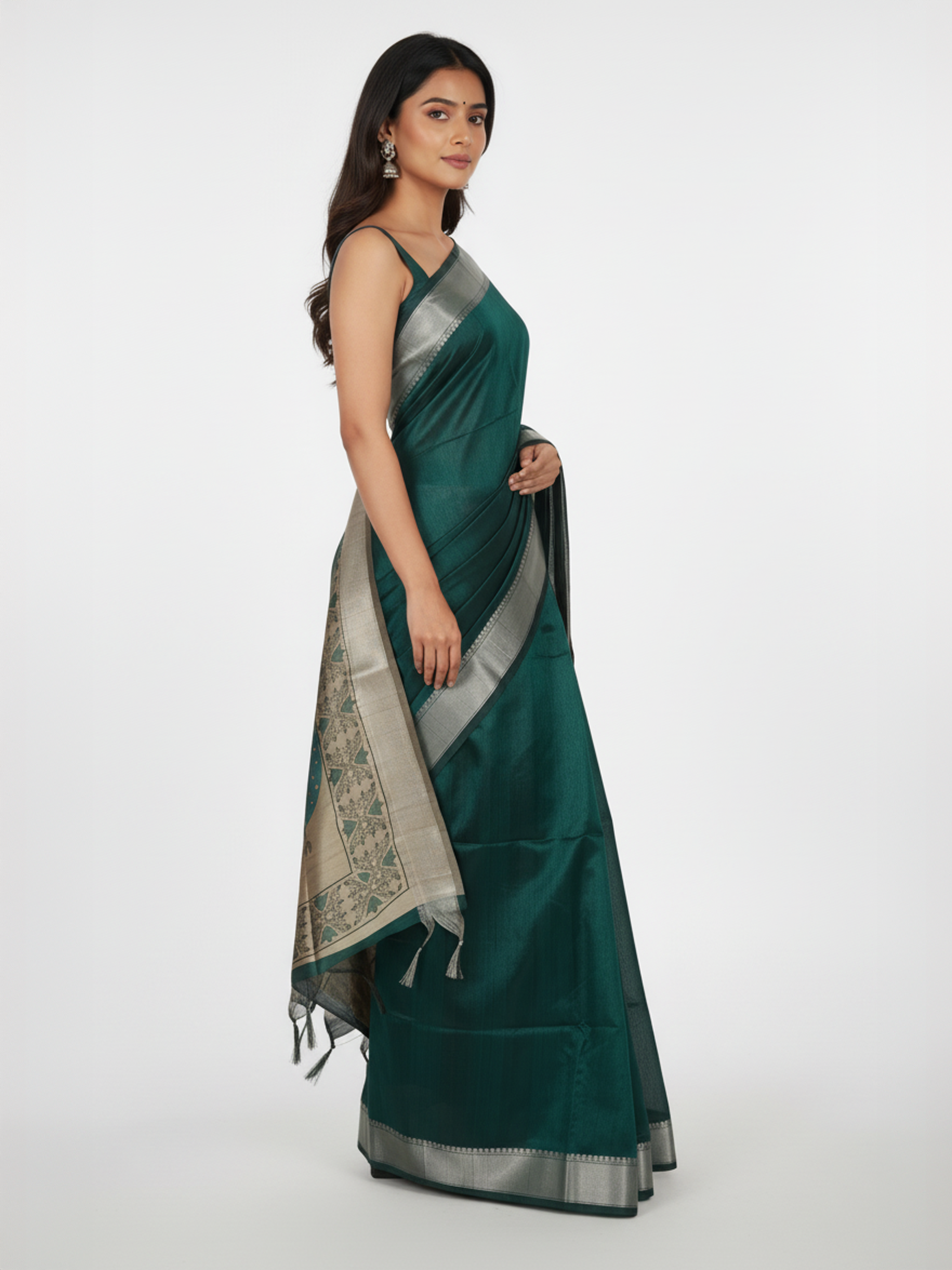 Green Plain Semi Jute Silk Saree with Printed Pallu