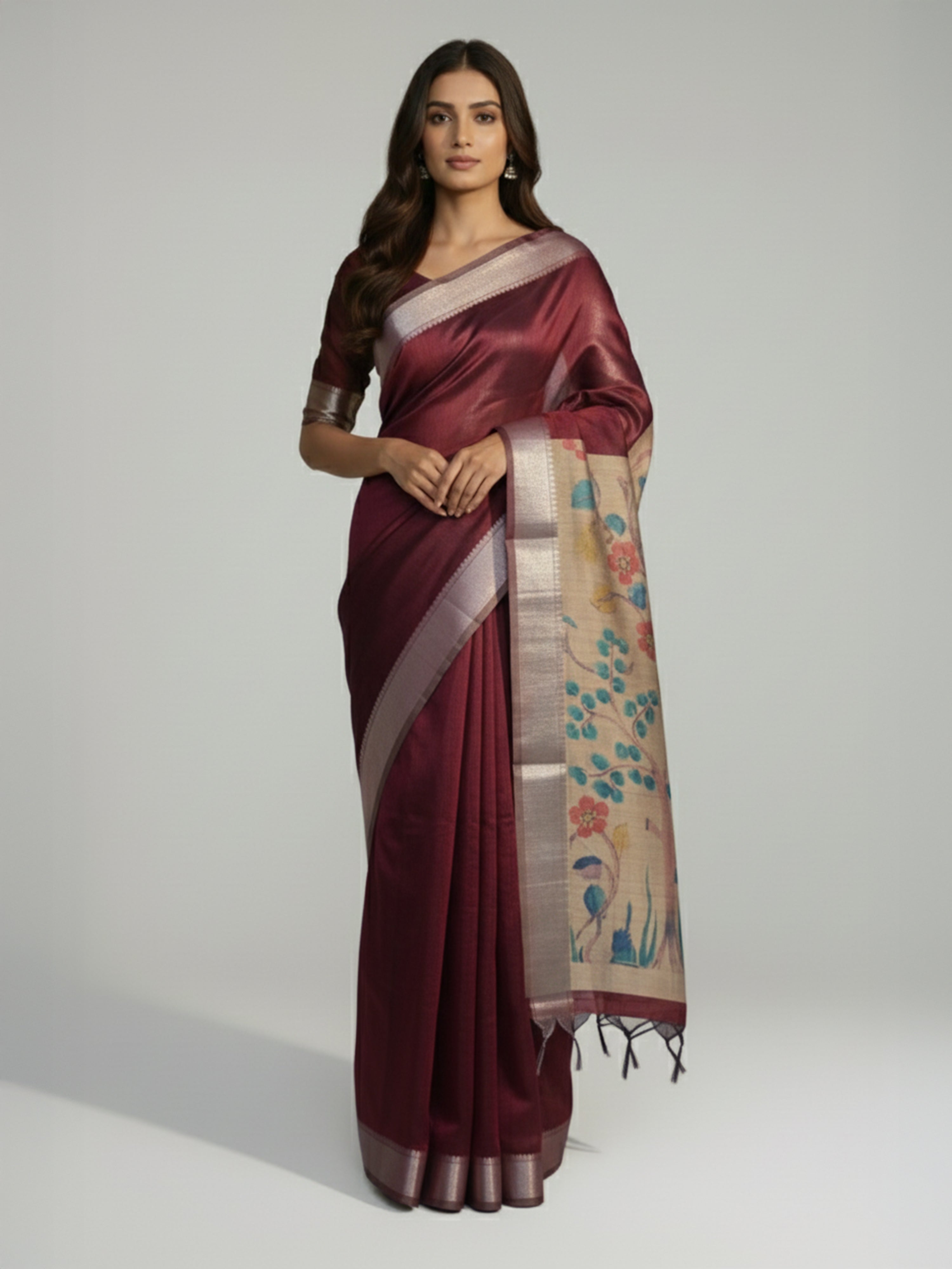 Maroon Plain Semi Jute Silk Saree With Floral Designed Pallu
