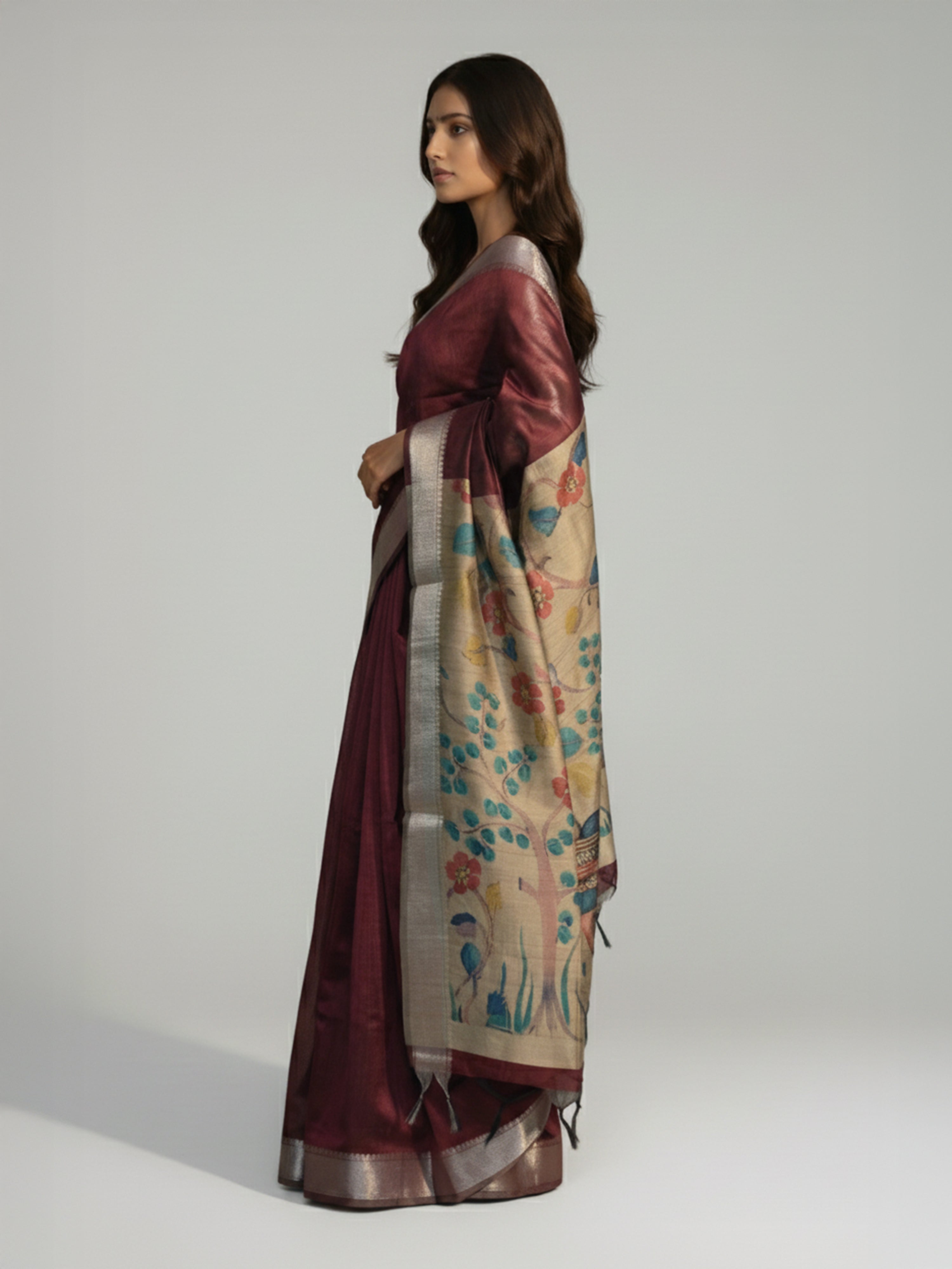 Maroon Plain Semi Jute Silk Saree With Floral Designed Pallu