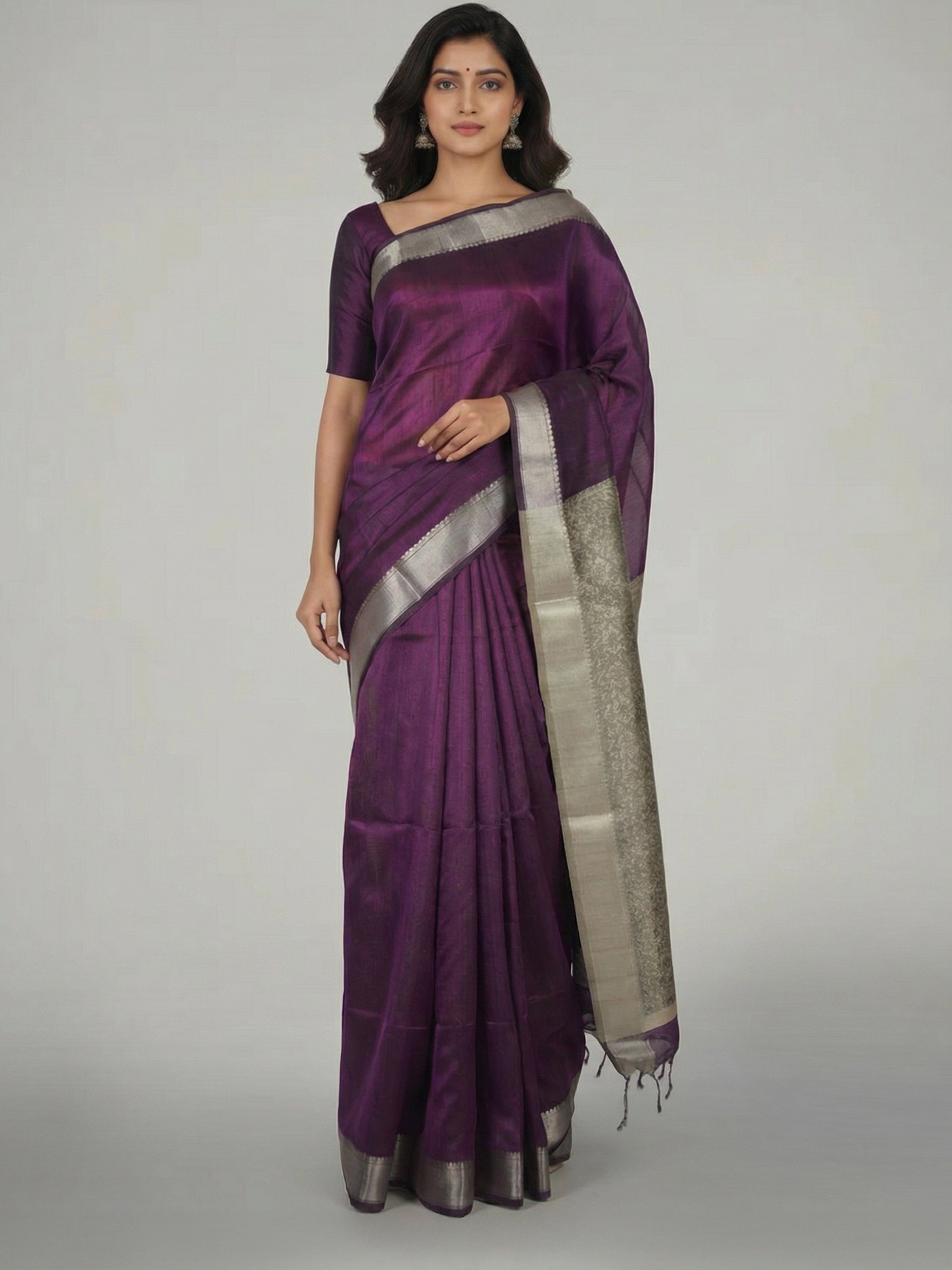 Wine Plain Semi Silk Saree with Contrast With Printed Pallu