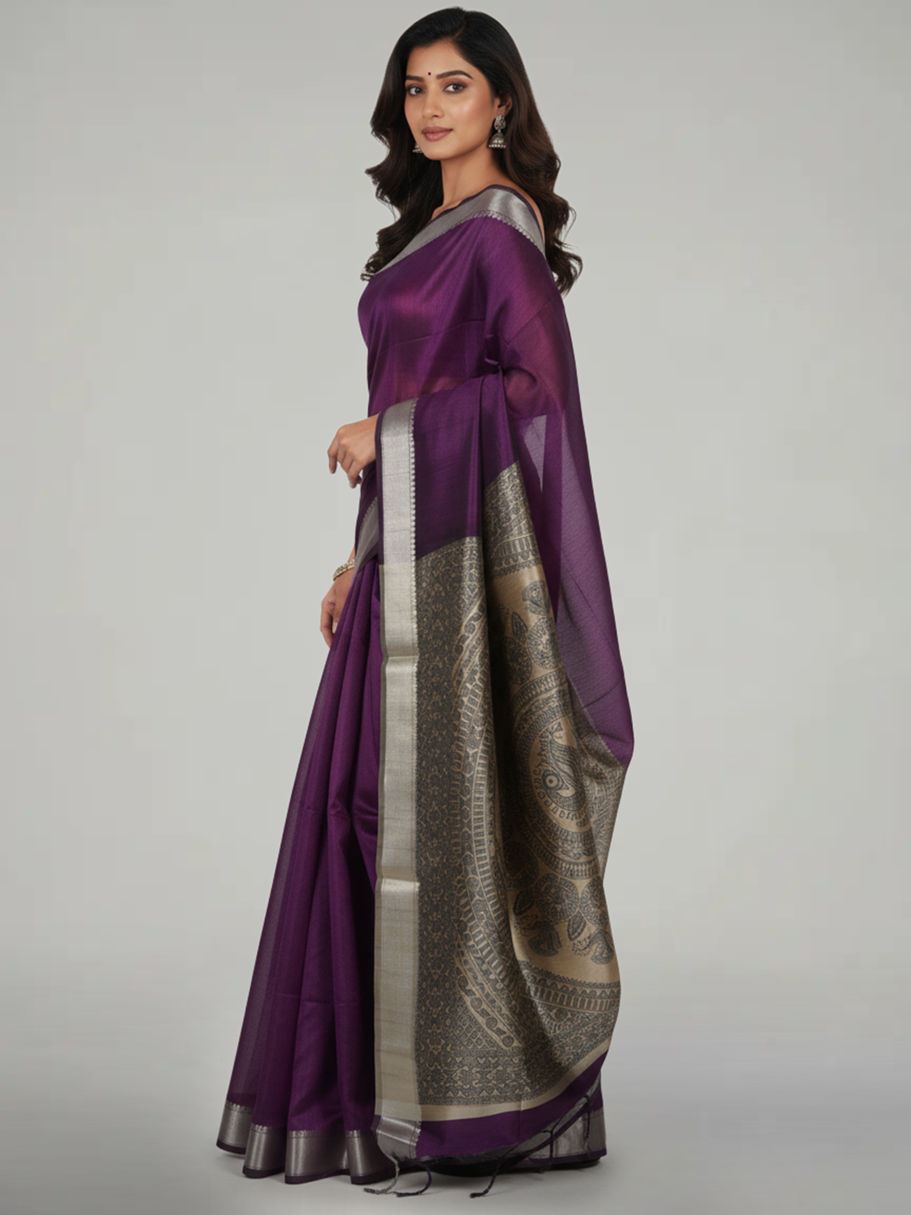 Wine Plain Semi Silk Saree with Contrast With Printed Pallu