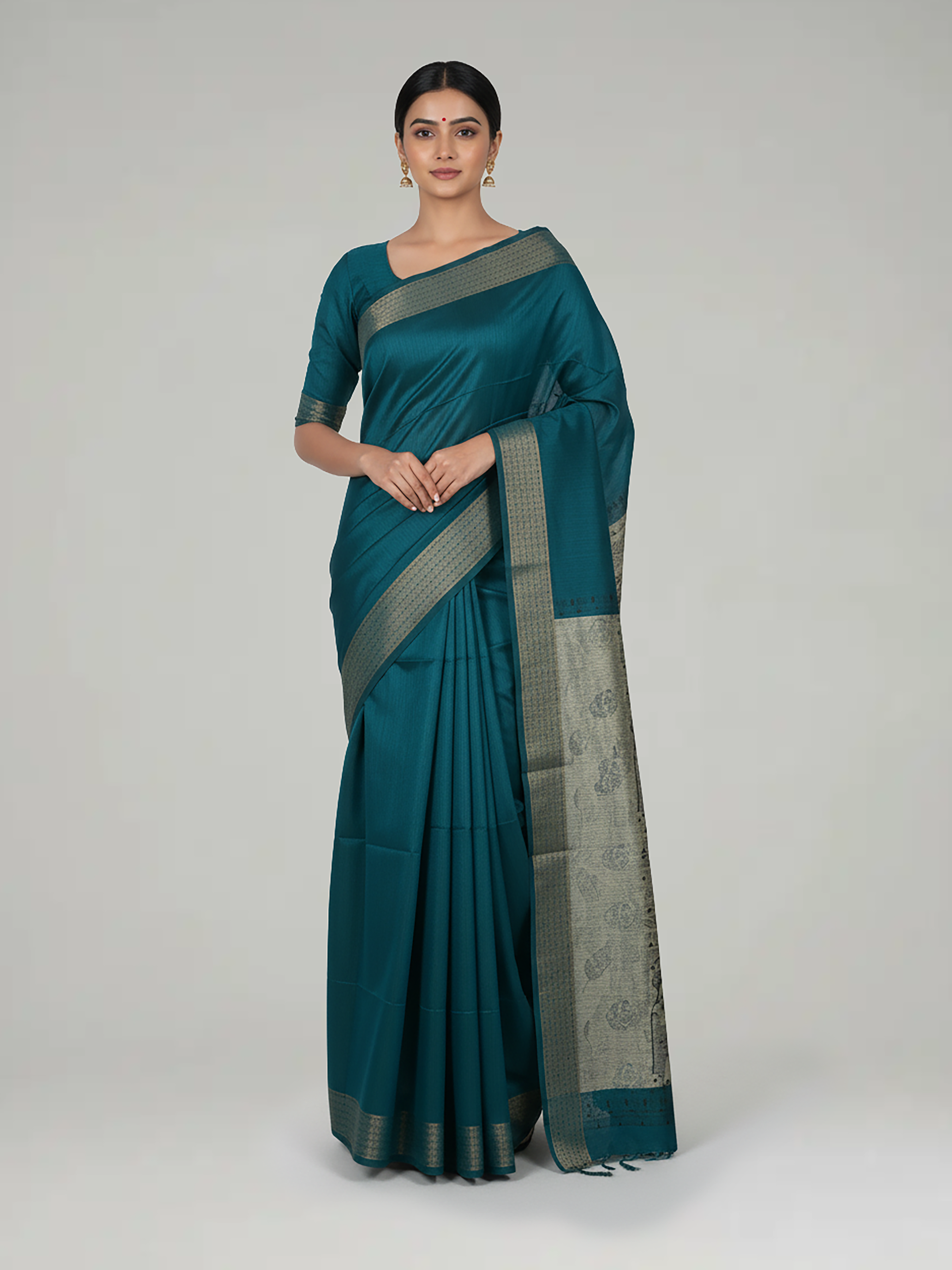 Peacock Blue semi Jute Silk Saree With Contrast printed Pallu