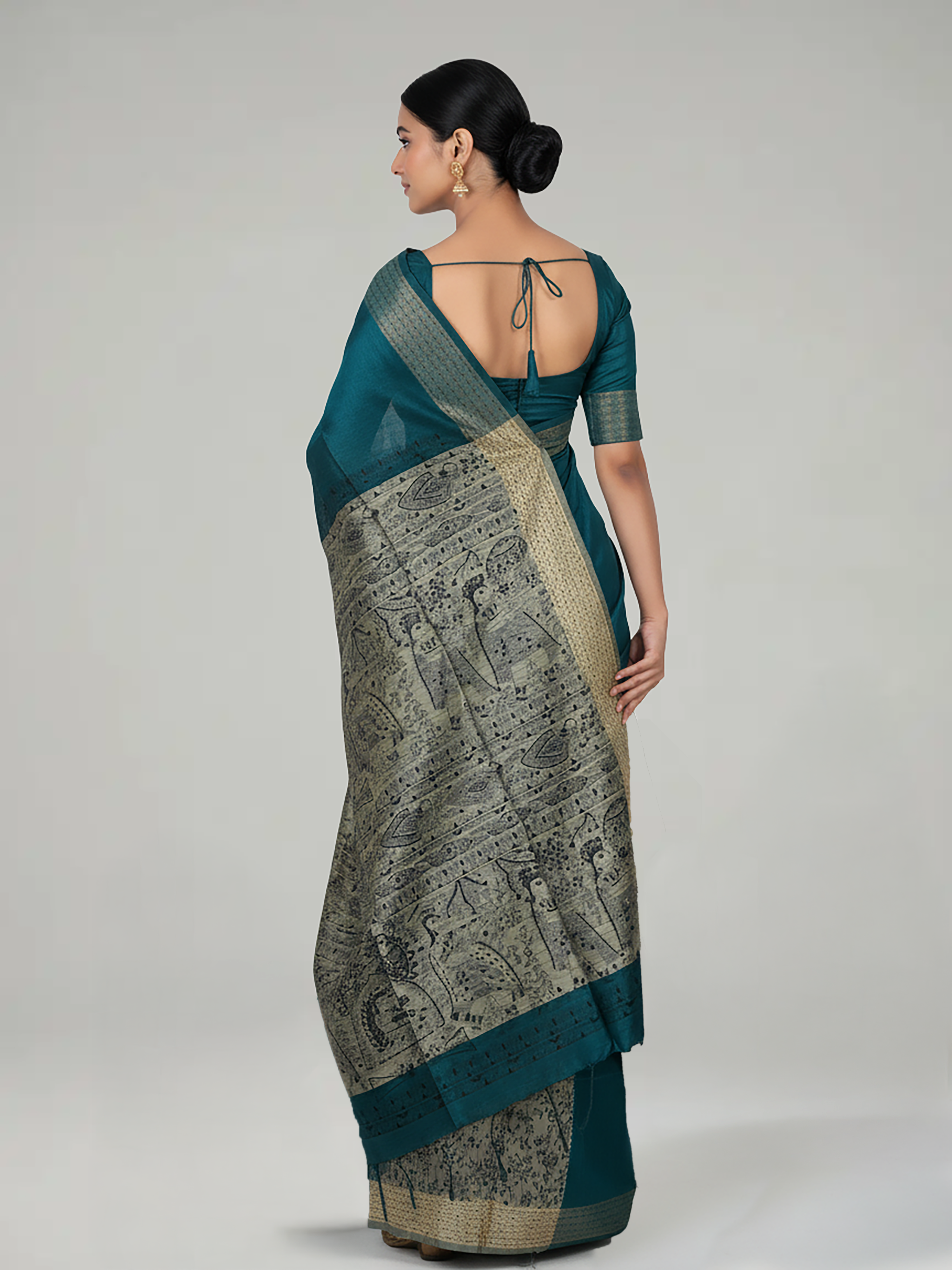 Peacock Blue semi Jute Silk Saree With Contrast printed Pallu