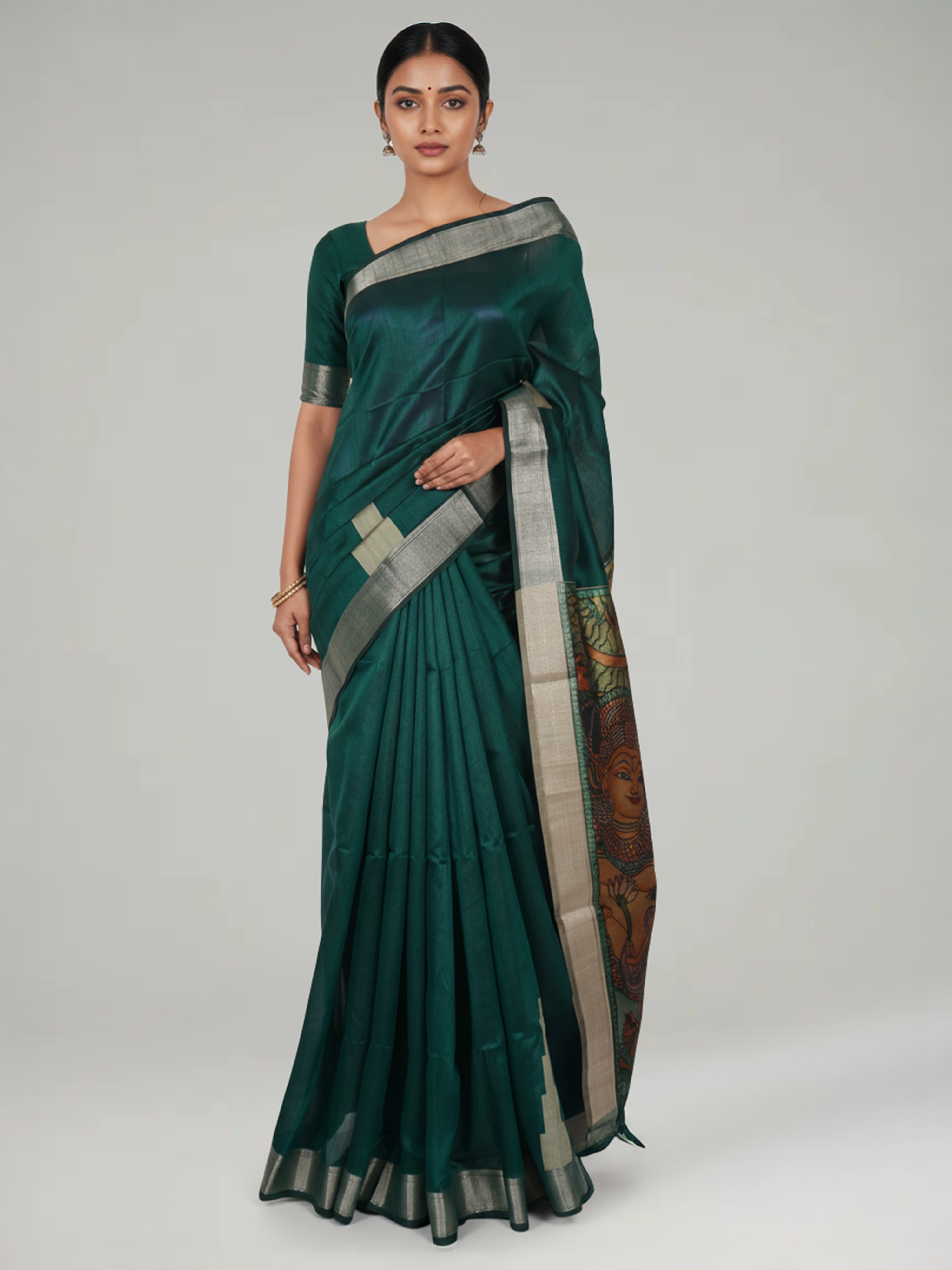 Green Plain Semi Jute Silk Saree With Temple Design