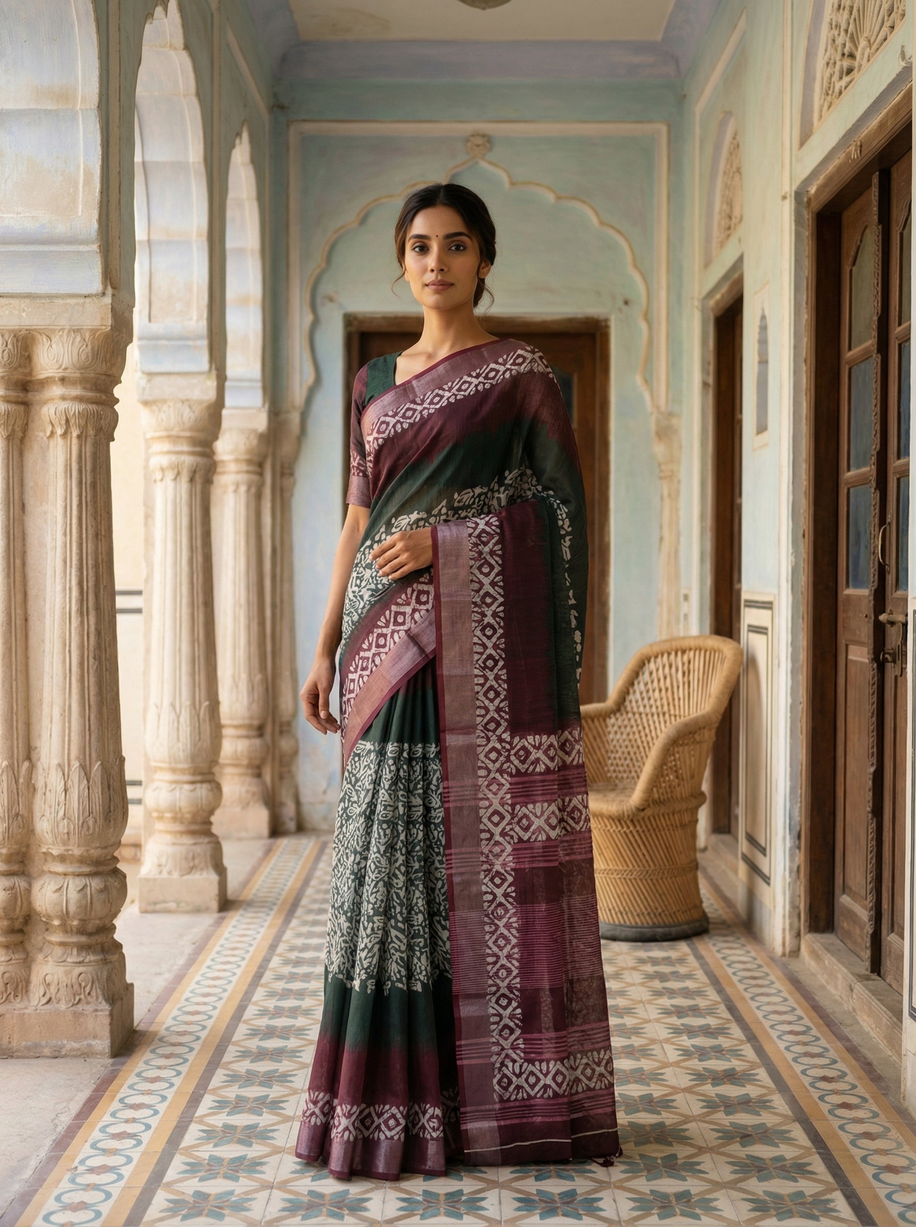 Bottle Green Semi Linen Saree