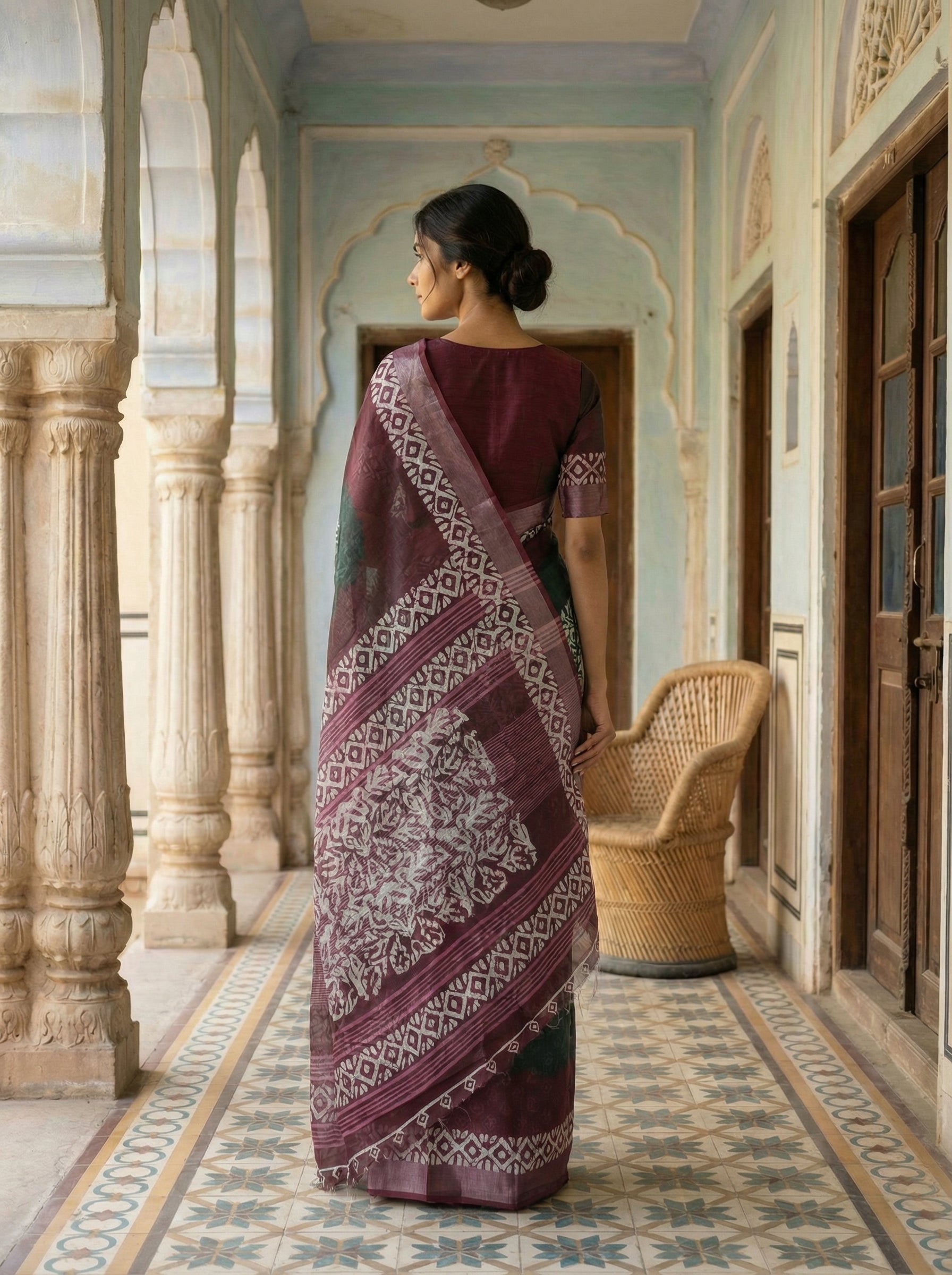 Bottle Green Semi Linen Saree