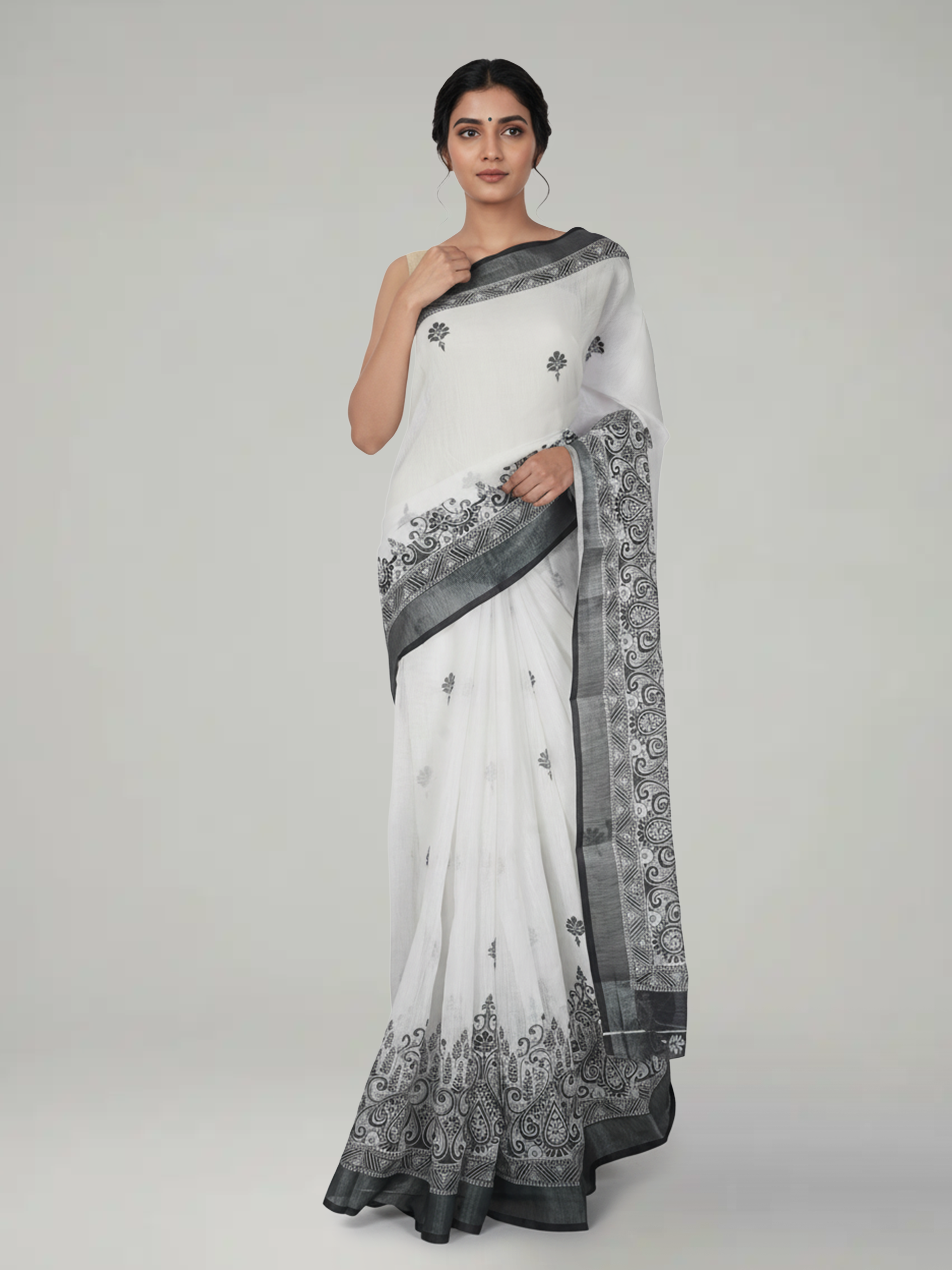 White & Grey Semi Linen Saree