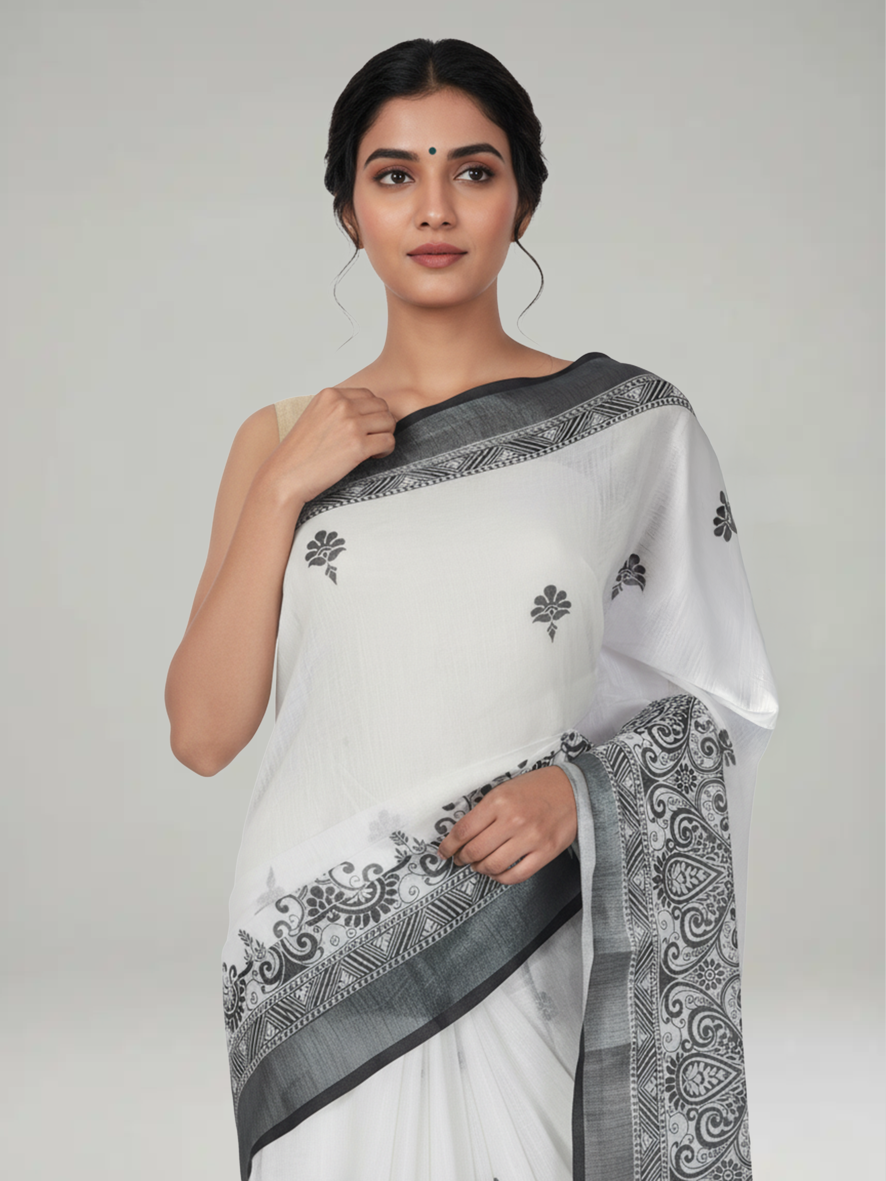 White & Grey Semi Linen Saree