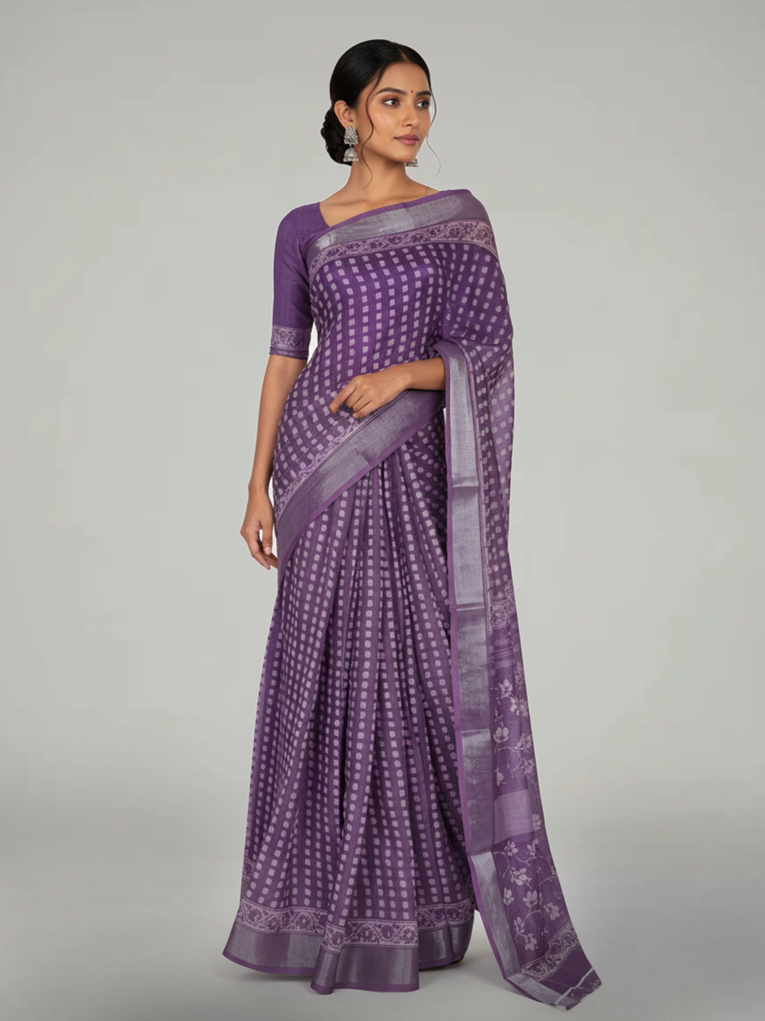 Dark Lavender Semi Linen saree With Printed Butta Design
