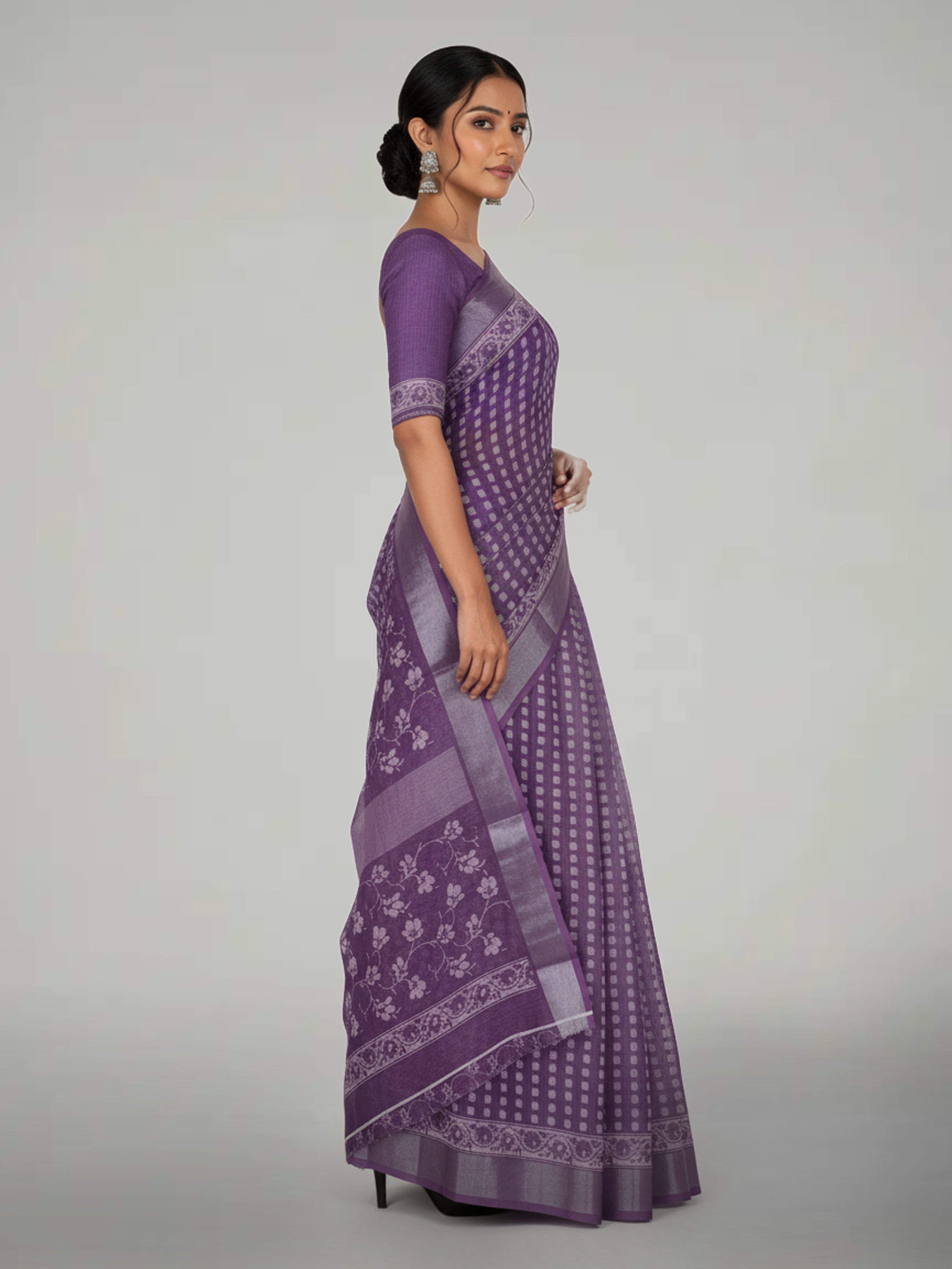 Dark Lavender Semi Linen saree With Printed Butta Design