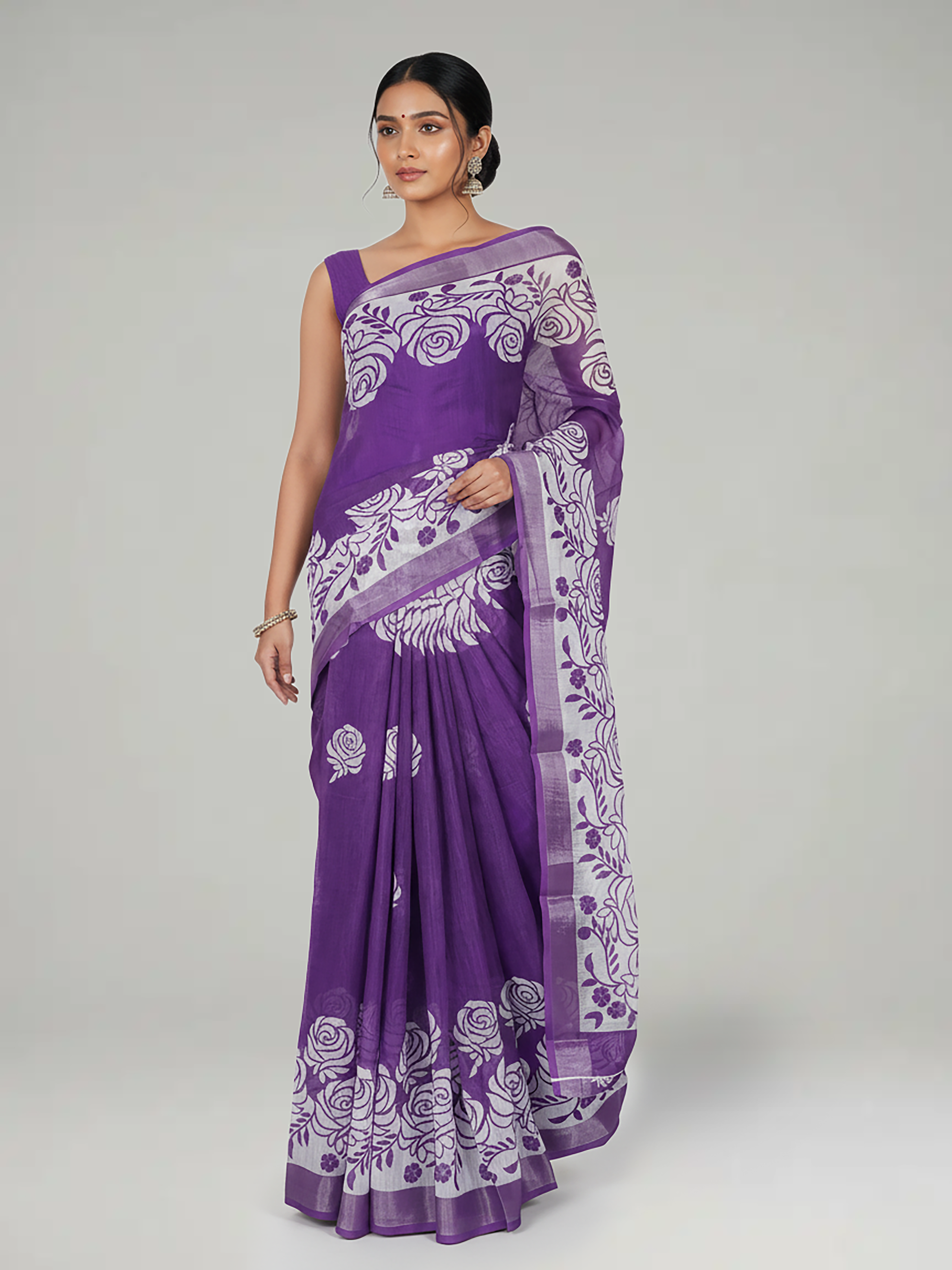 Lavender Printed Semi Linen With Printed Pallu