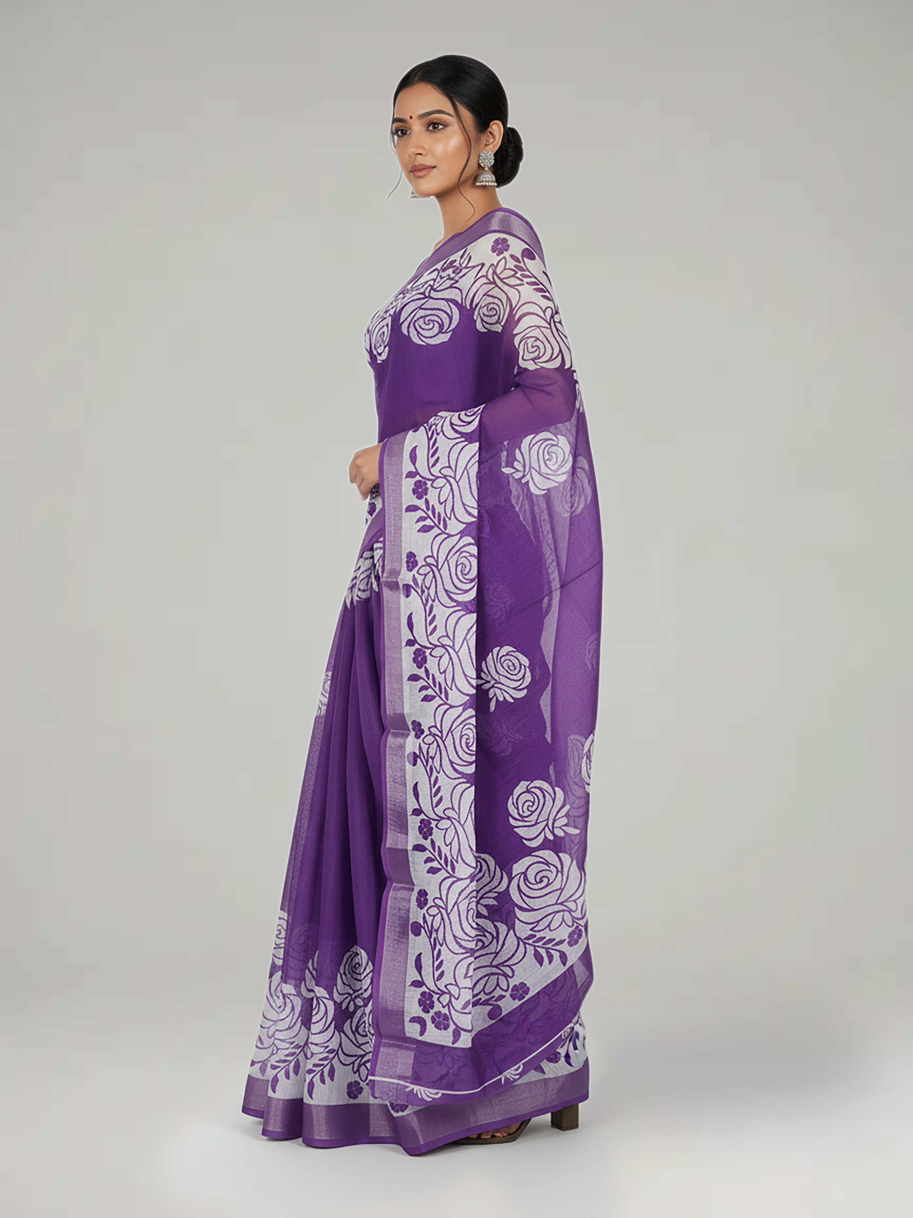 Lavender Printed Semi Linen With Printed Pallu