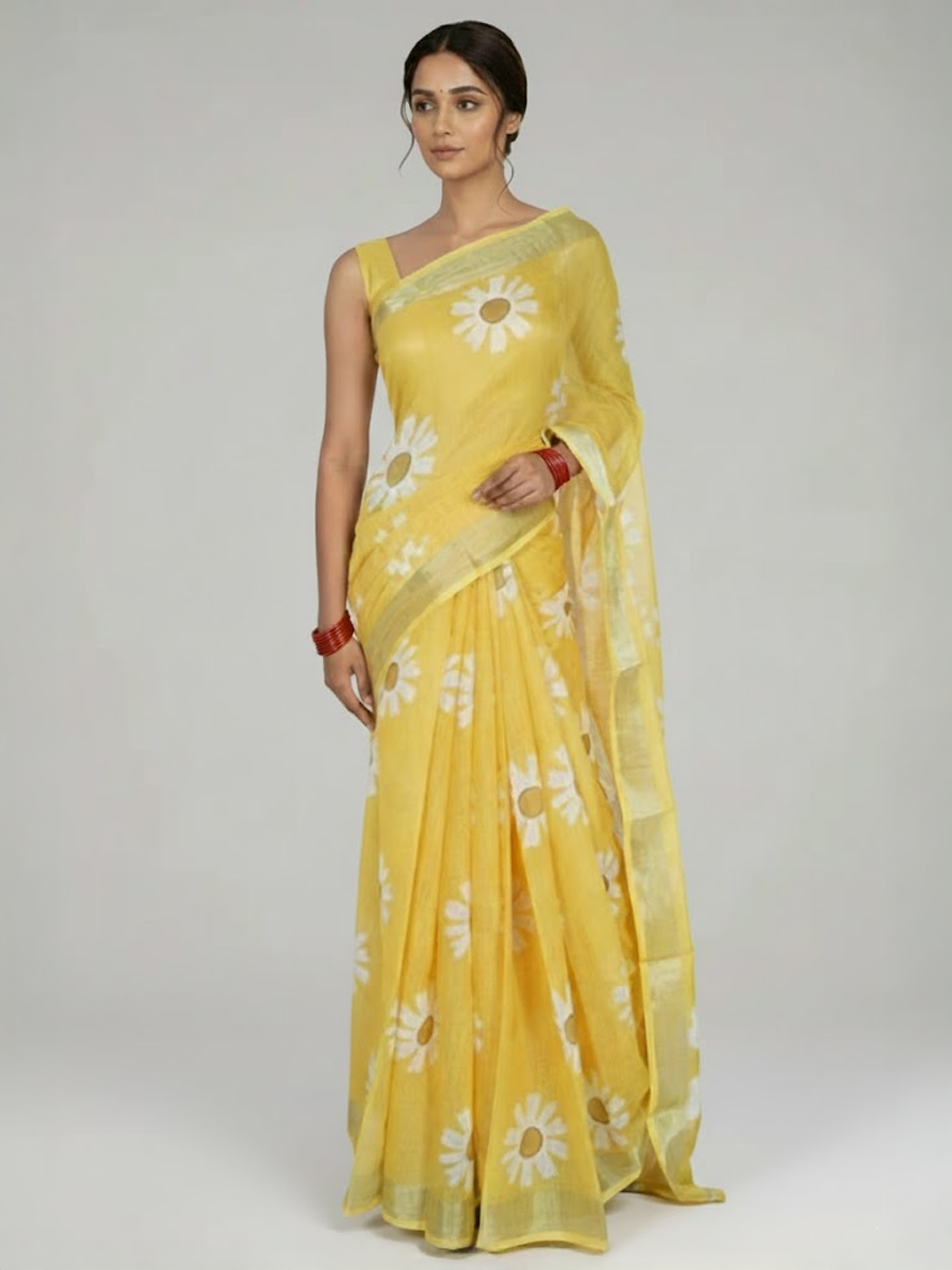 Yellow Semi Linen Saree