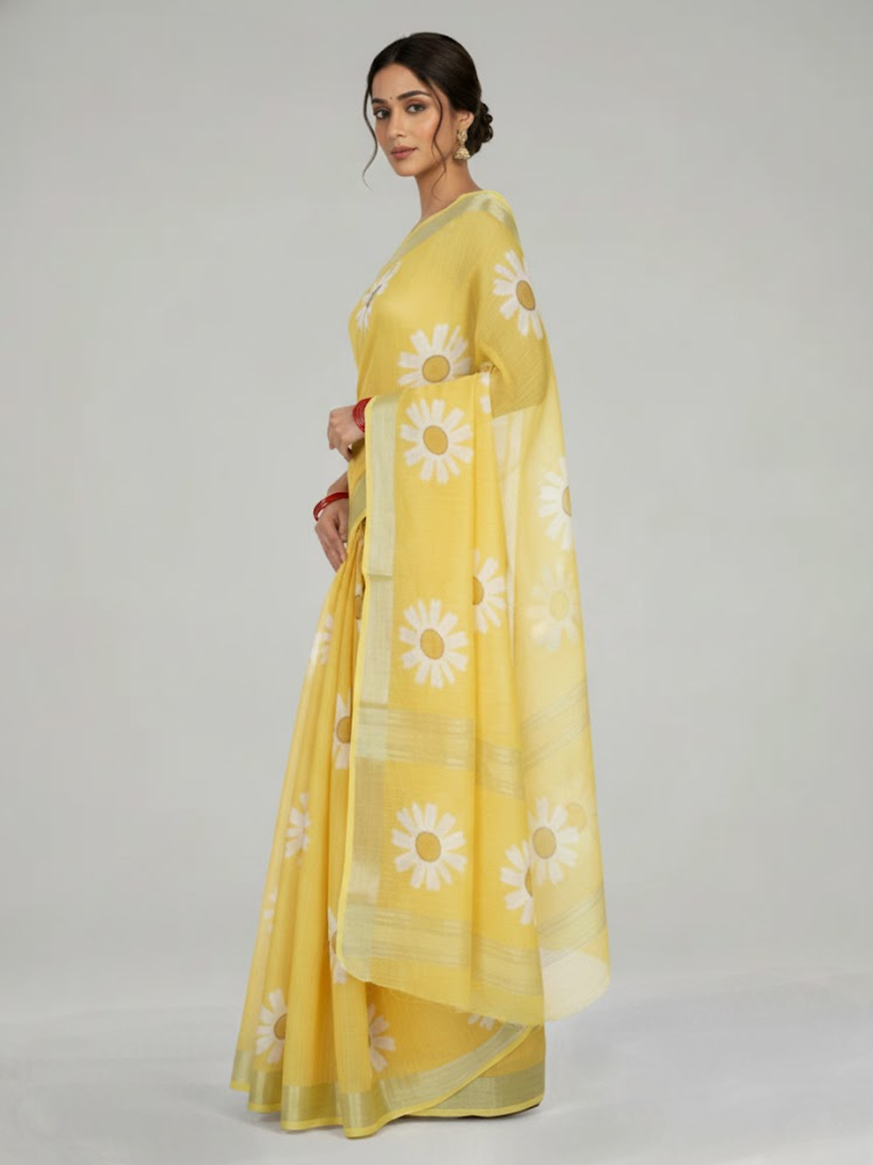 Yellow Semi Linen Saree