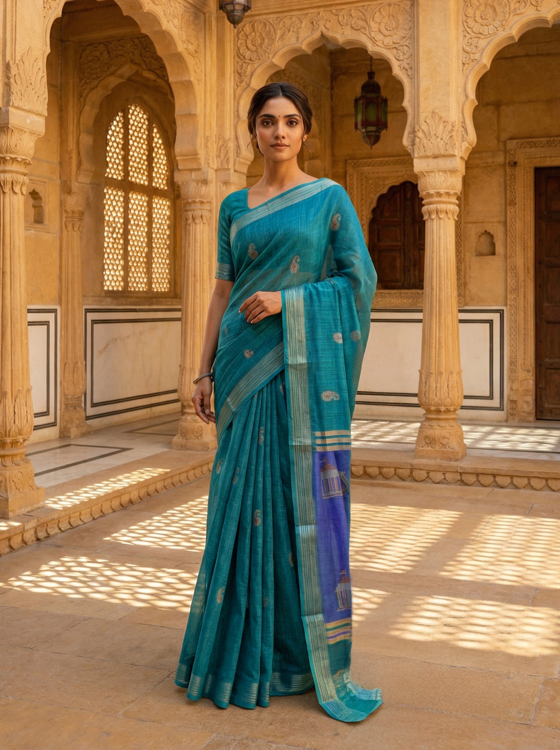 Semi Linen Saree in Teal Blue with Paisley Butta Design & Contrast Printed Pallu