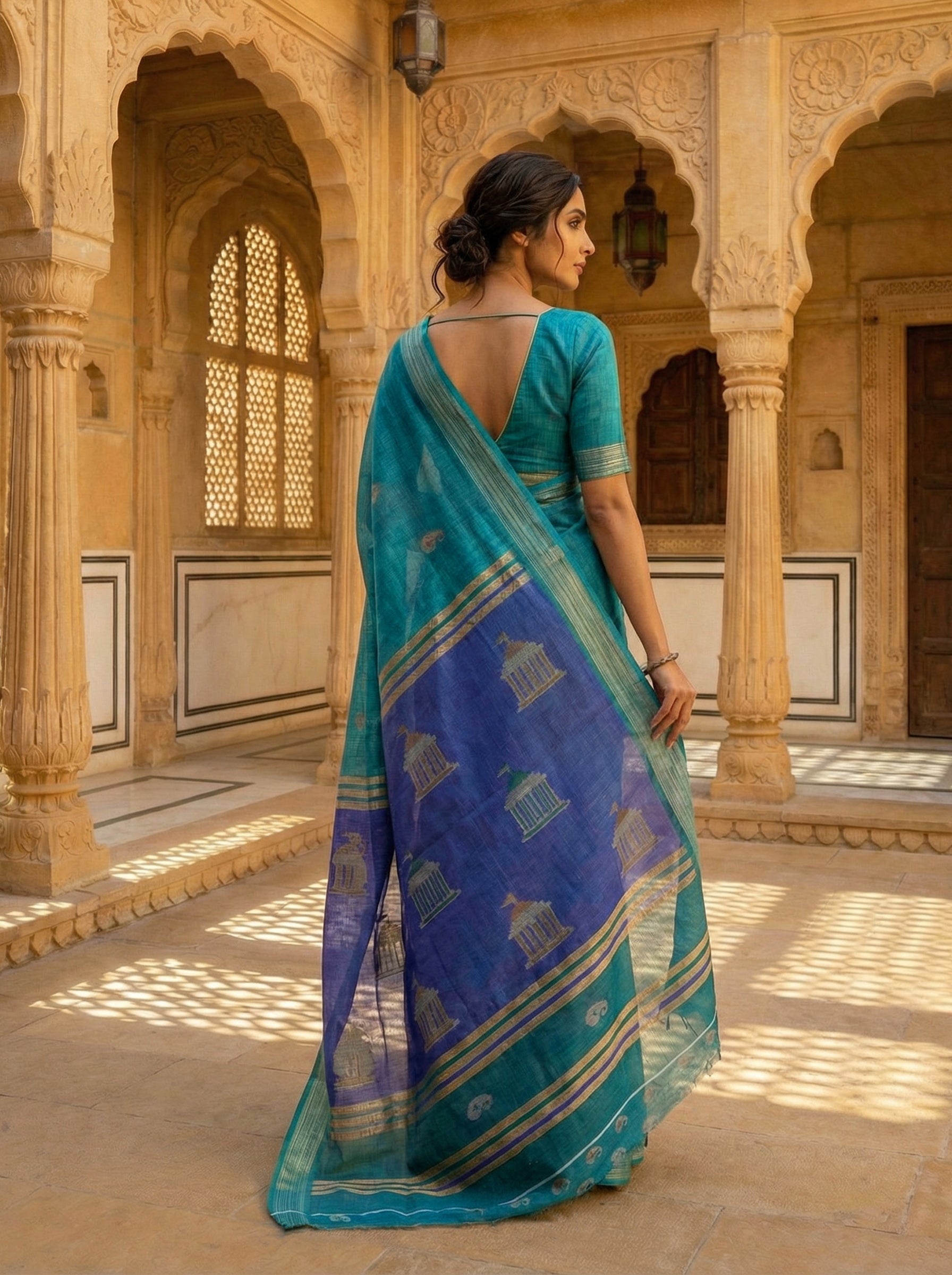 Semi Linen Saree in Teal Blue with Paisley Butta Design & Contrast Printed Pallu