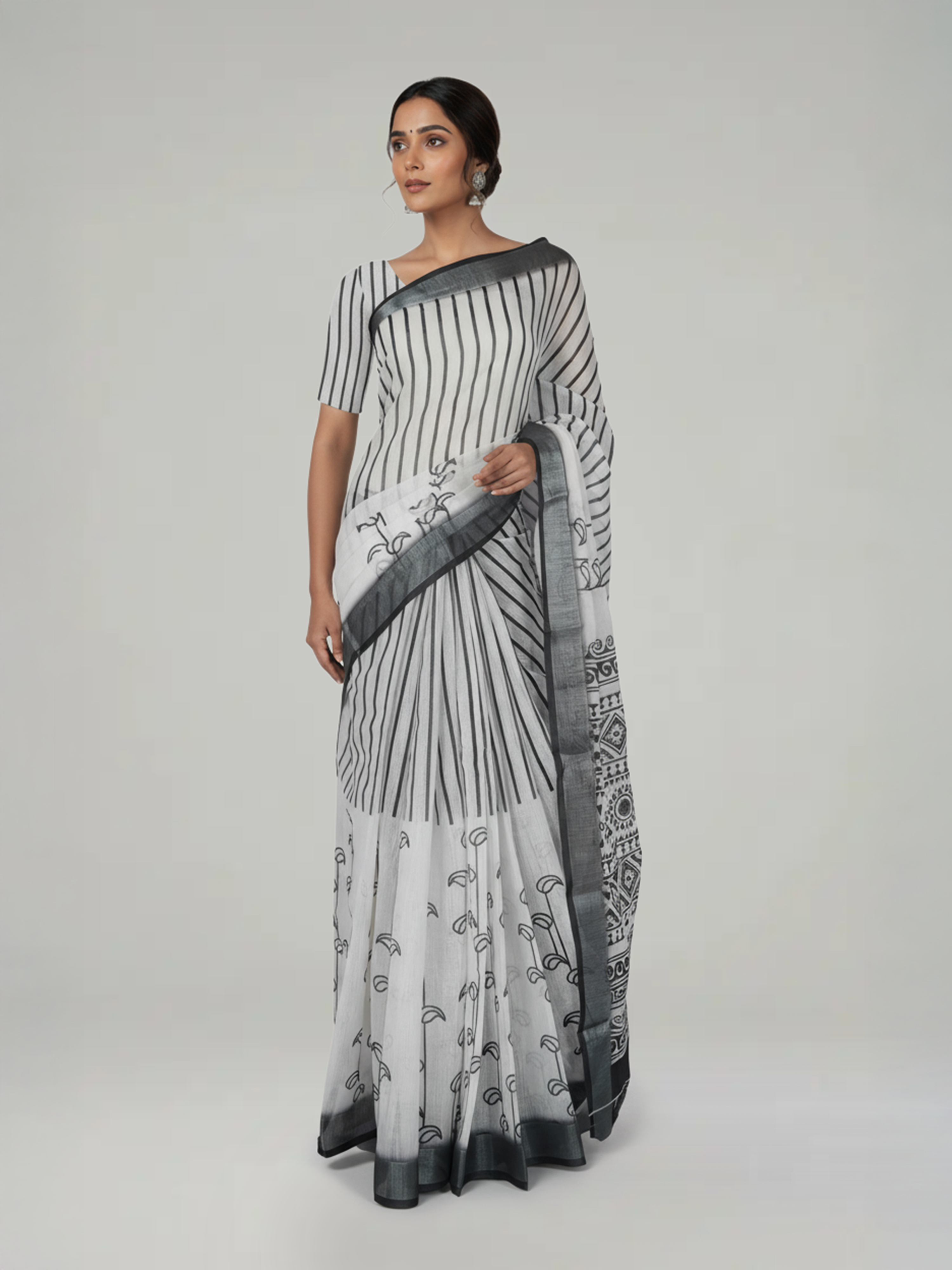 White & Grey Printed Semi Linen Saree