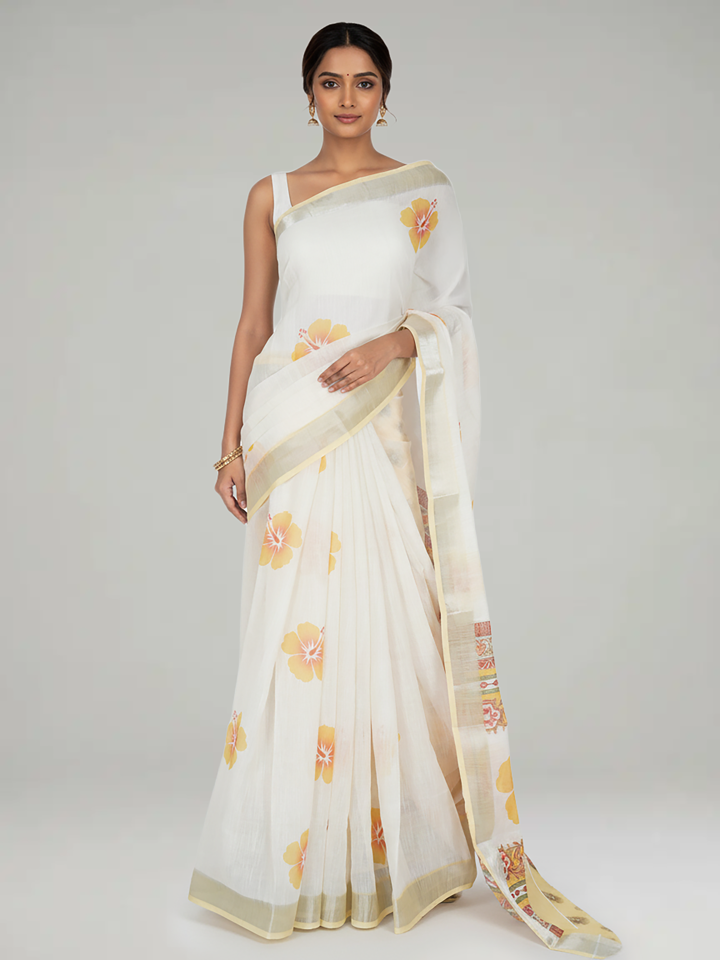 Sand Cream Printed Semi Linen Saree