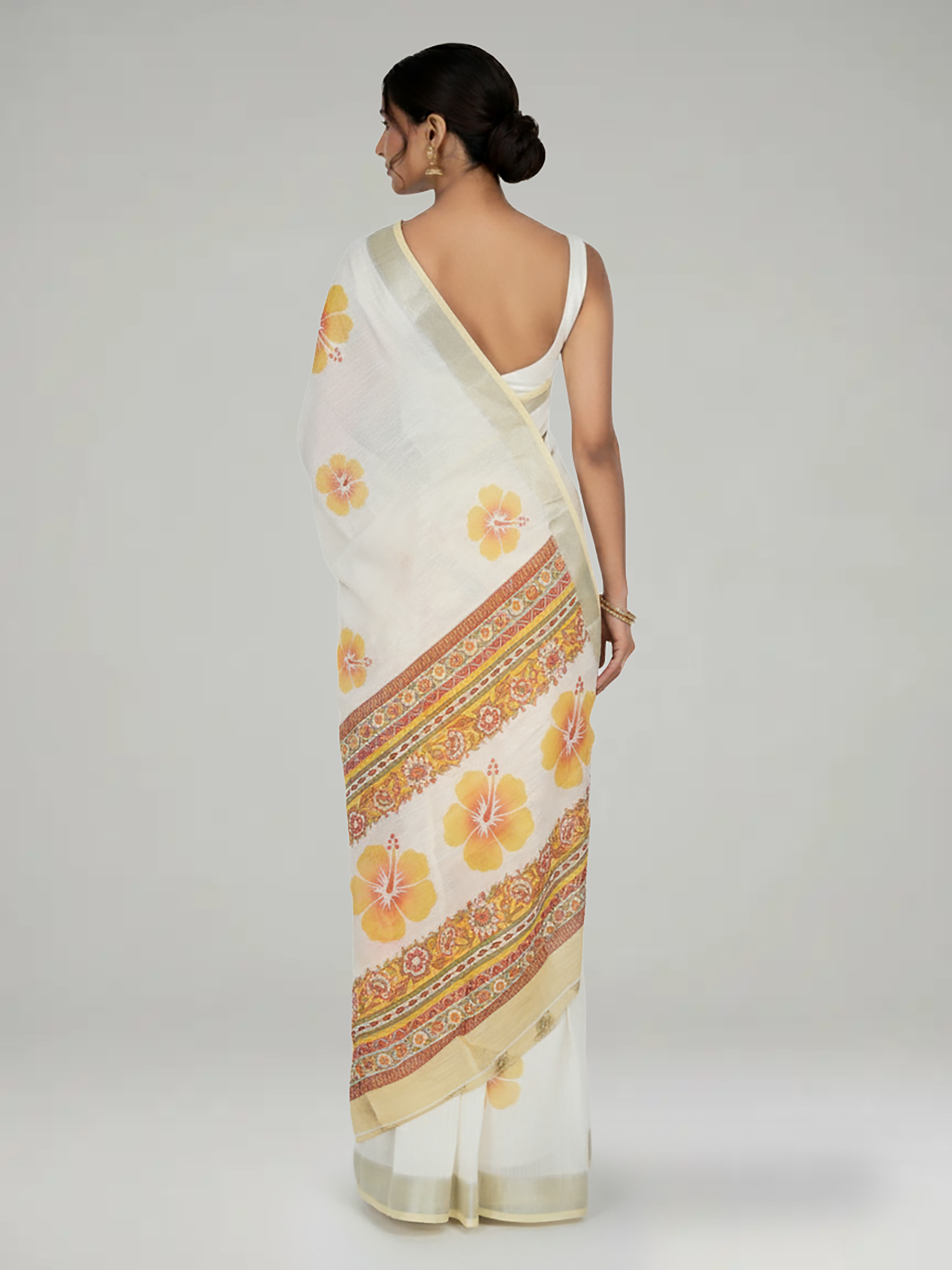 Sand Cream Printed Semi Linen Saree