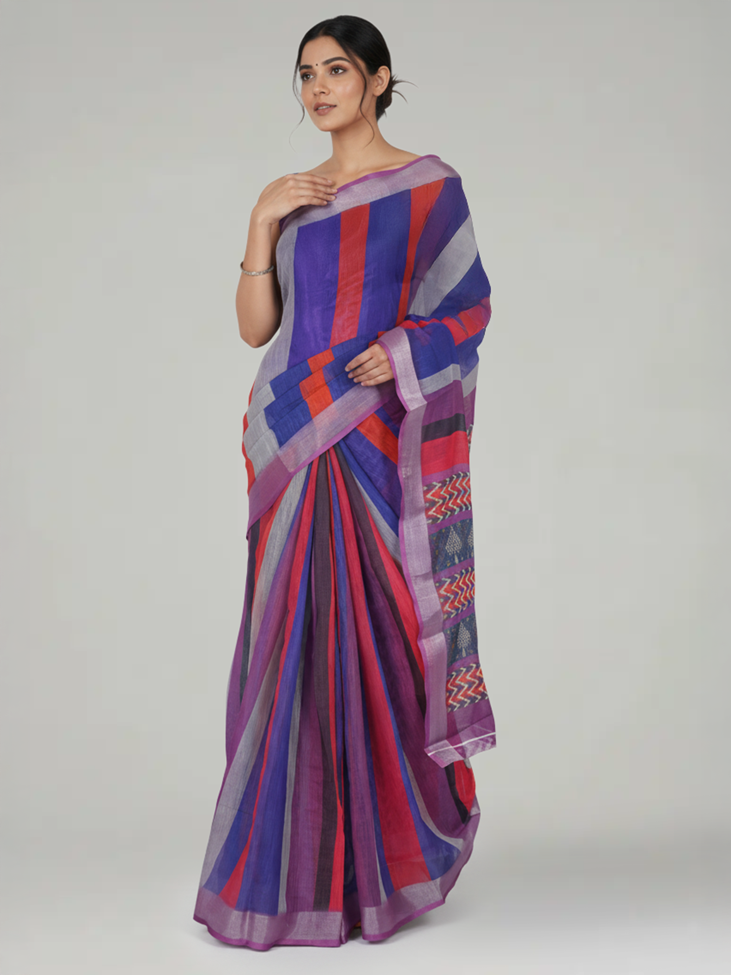 Multi Shade Striped Semi Linen Saree