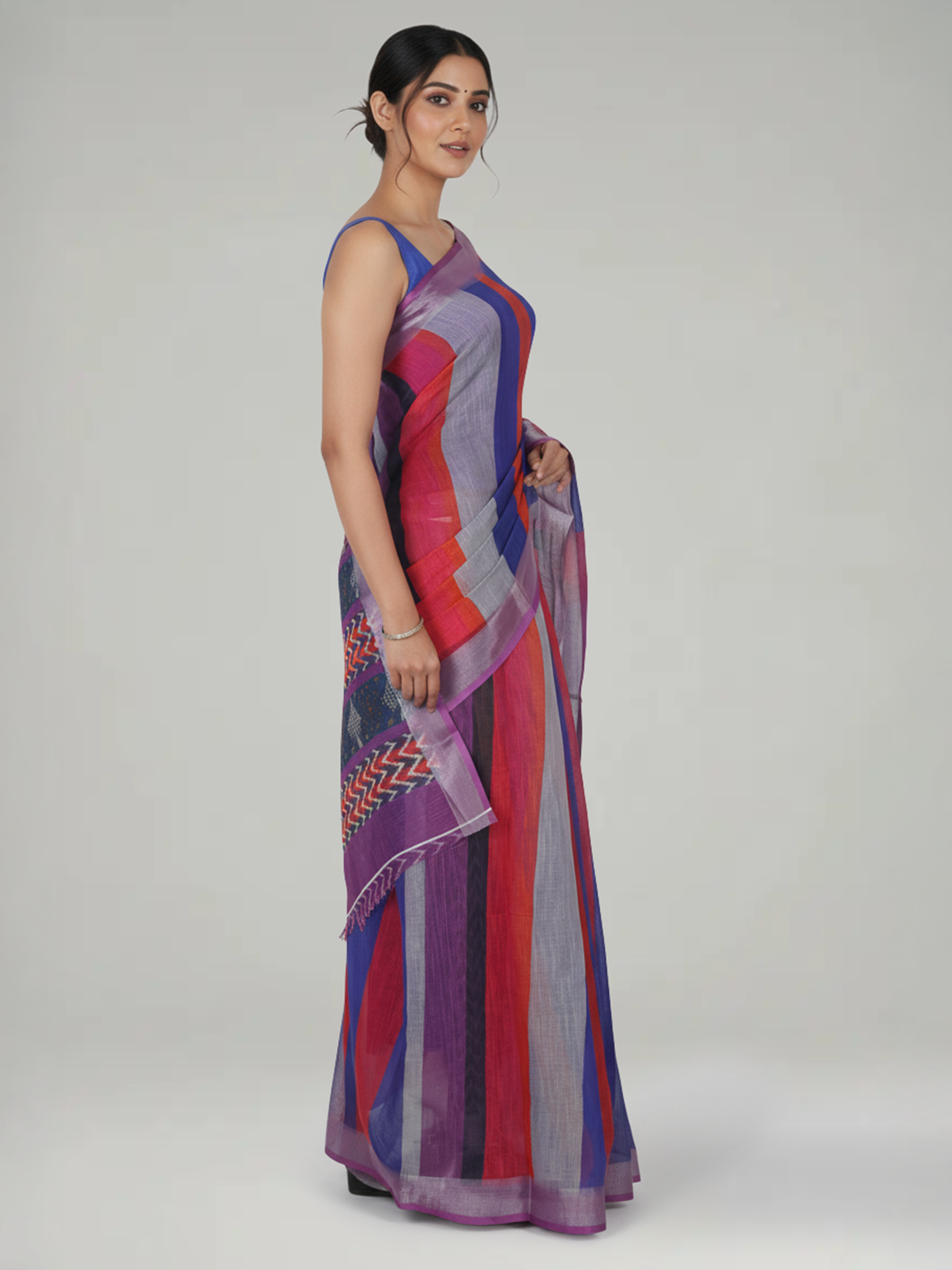 Multi Shade Striped Semi Linen Saree